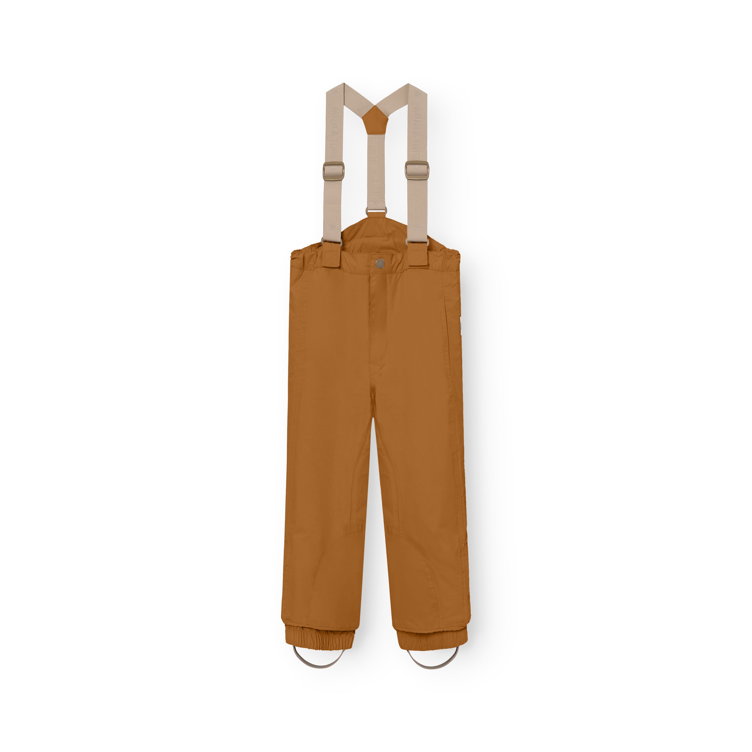 MATWITTE snow pants in caramel brown with removable beige elastic suspenders, snap-button waist closure and elasticated ankle cuffs with foot straps, displayed flat from the front to show the waterproof shell and THERMOLITE insulated construction for skiing and winter play.