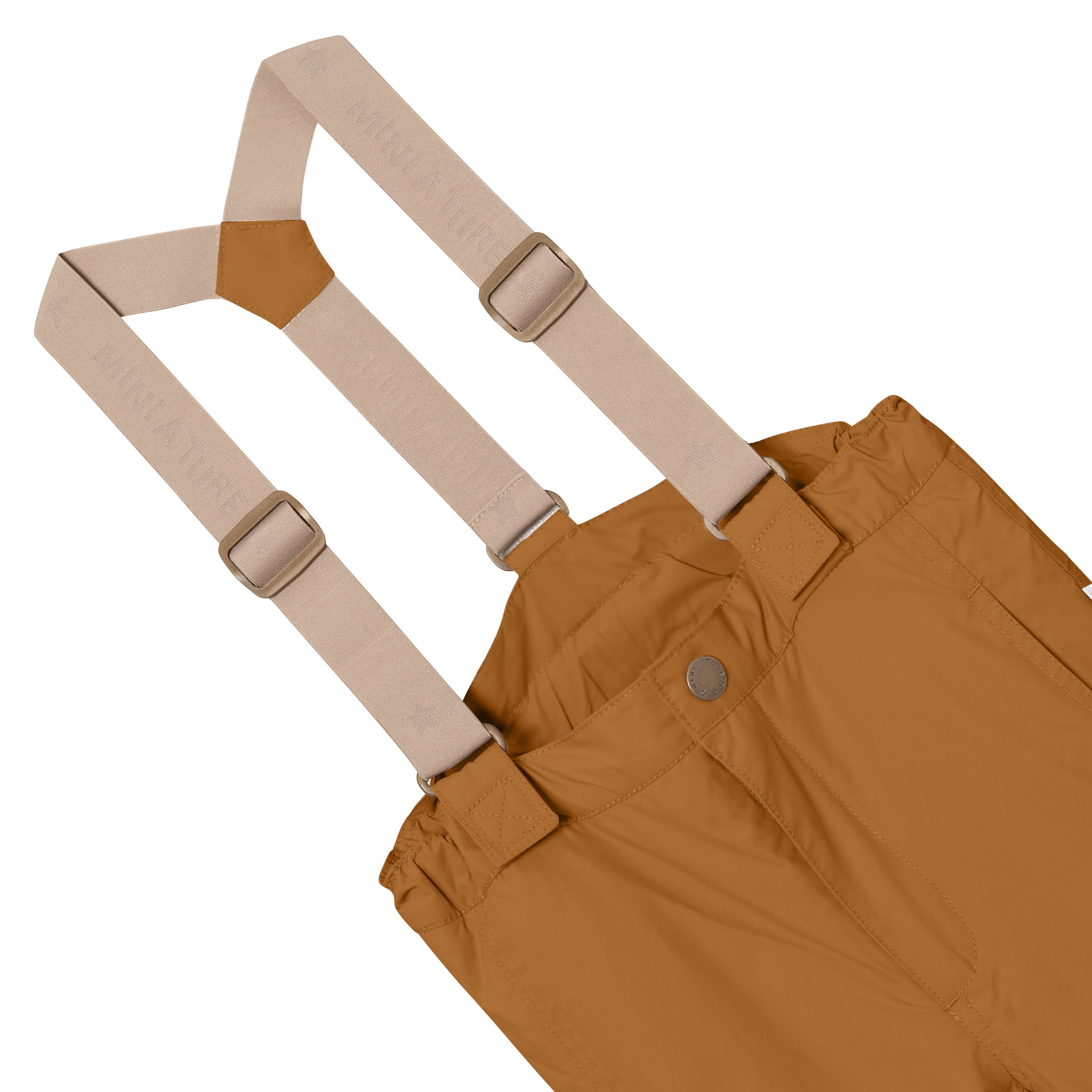 MATWITTE snow pants in caramel brown showing the front waistband with snap-button fastening, elasticated waist and the removable beige elastic suspenders with metal slider adjusters threaded through fabric loops at the front.