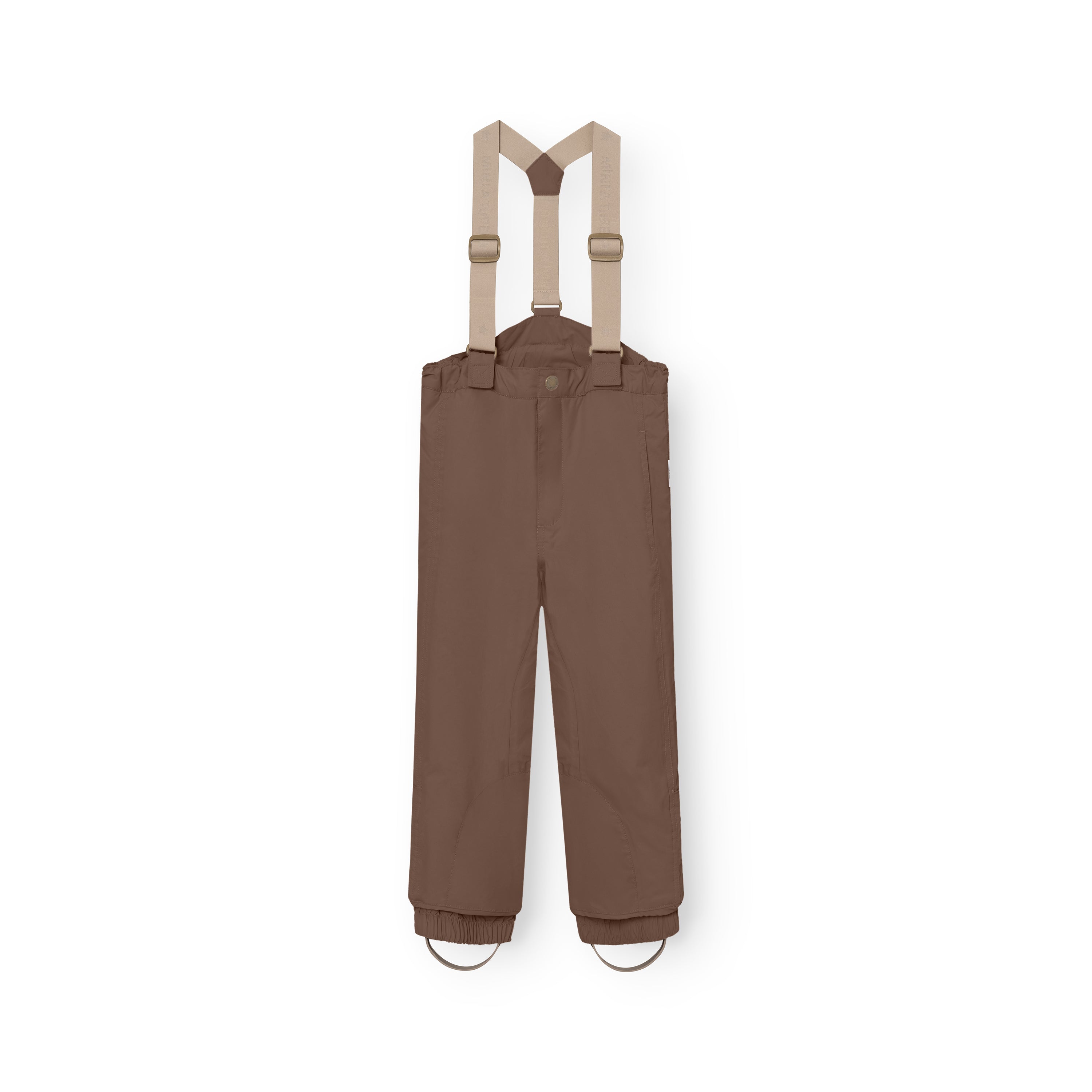 MATWITTE snow pants in brown displayed flat from the front with removable beige elastic suspenders attached, showing the snap-button waist closure, elasticated ankle cuffs with foot straps and the waterproof THERMOLITE-insulated construction designed for skiing and winter outdoor use.