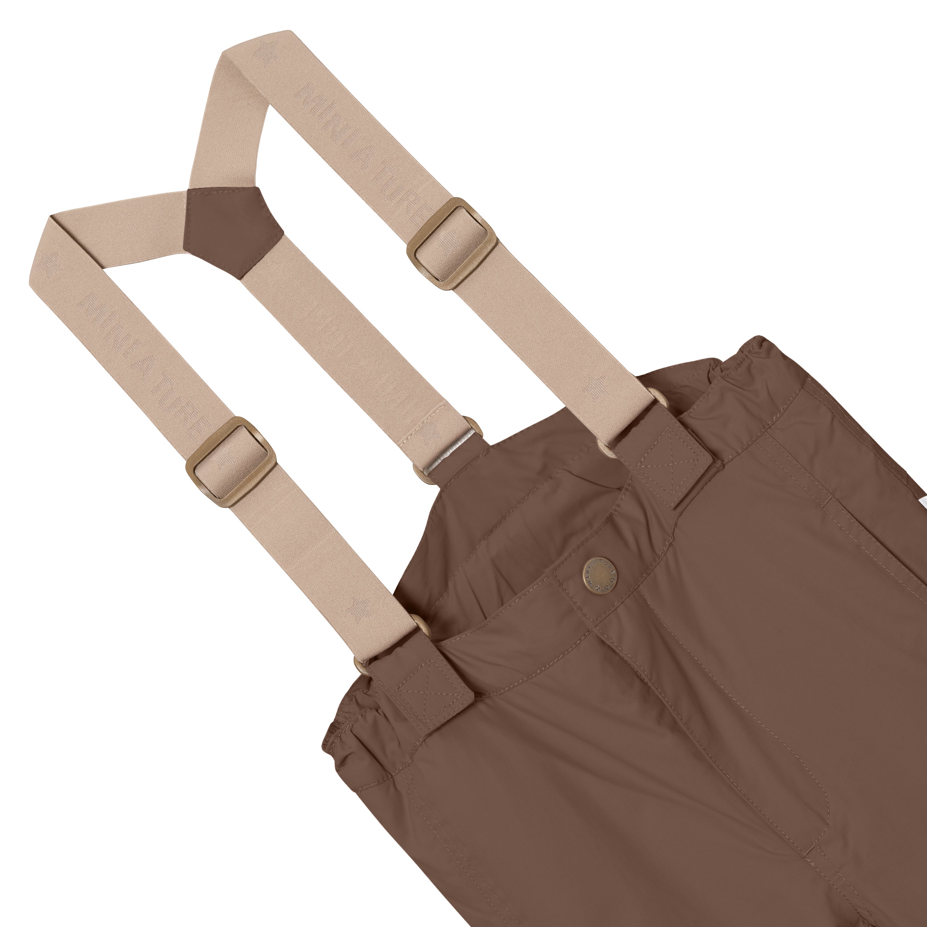 MATWITTE snow pants in brown showing the front waistband detail with snap-button closure, elasticated panel and the removable beige elastic suspenders with metal slider adjusters crossing at the front and attaching through fabric loops.