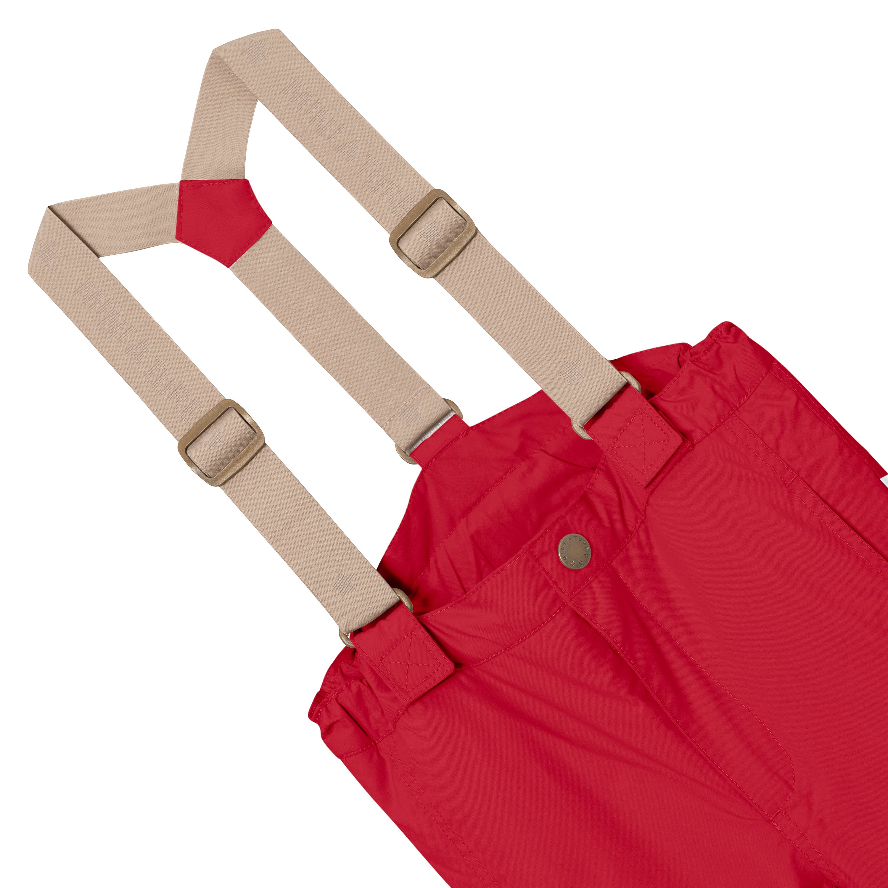 MATWITTE snow pants in bright red showing the front waistband with snap-button closure, elasticated waist and the removable beige elastic suspenders with metal slider adjusters attached through fabric loops at the front.