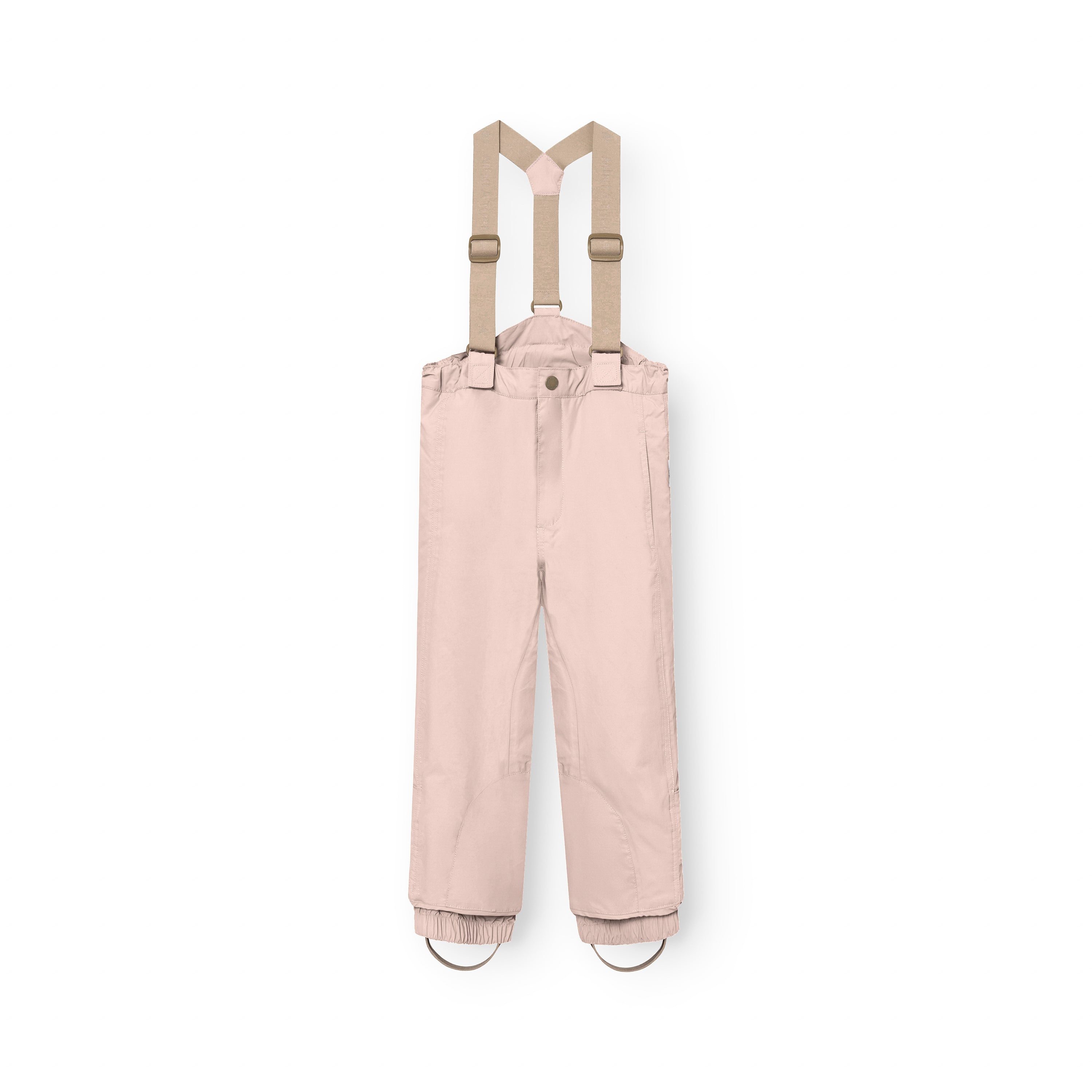 MATWITTE snow pants in soft pink with detachable beige elastic suspenders, snap-button waist closure and elasticated ankle cuffs with foot straps, laid flat to show the full-length waterproof construction and regular fit designed for skiing and winter activities.