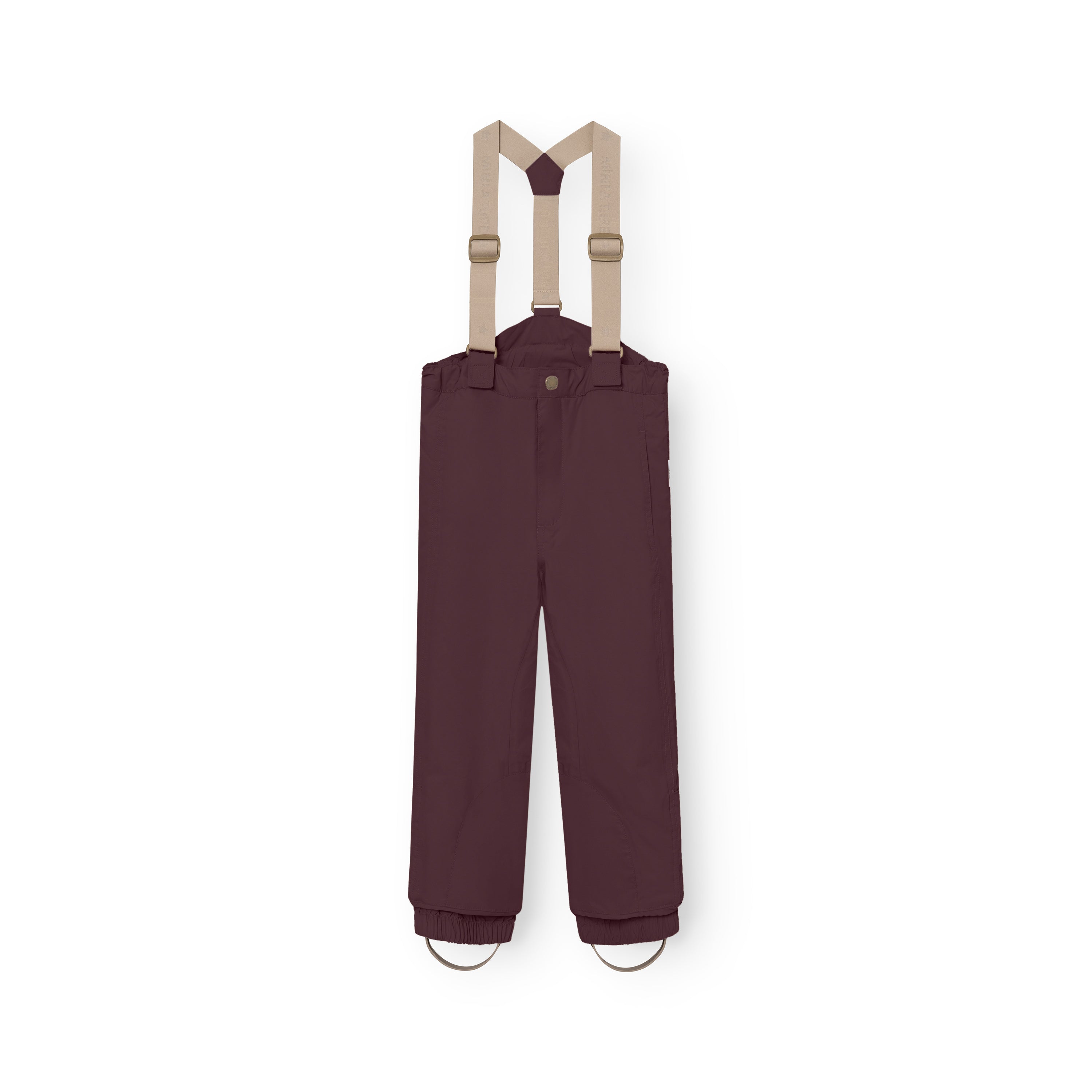 MATWITTE snow pants in deep burgundy displayed flat from the front with removable beige elastic suspenders attached, showing the snap-button waist closure, elasticated ankle cuffs with foot straps and the waterproof THERMOLITE-insulated construction designed for skiing and winter outdoor use.