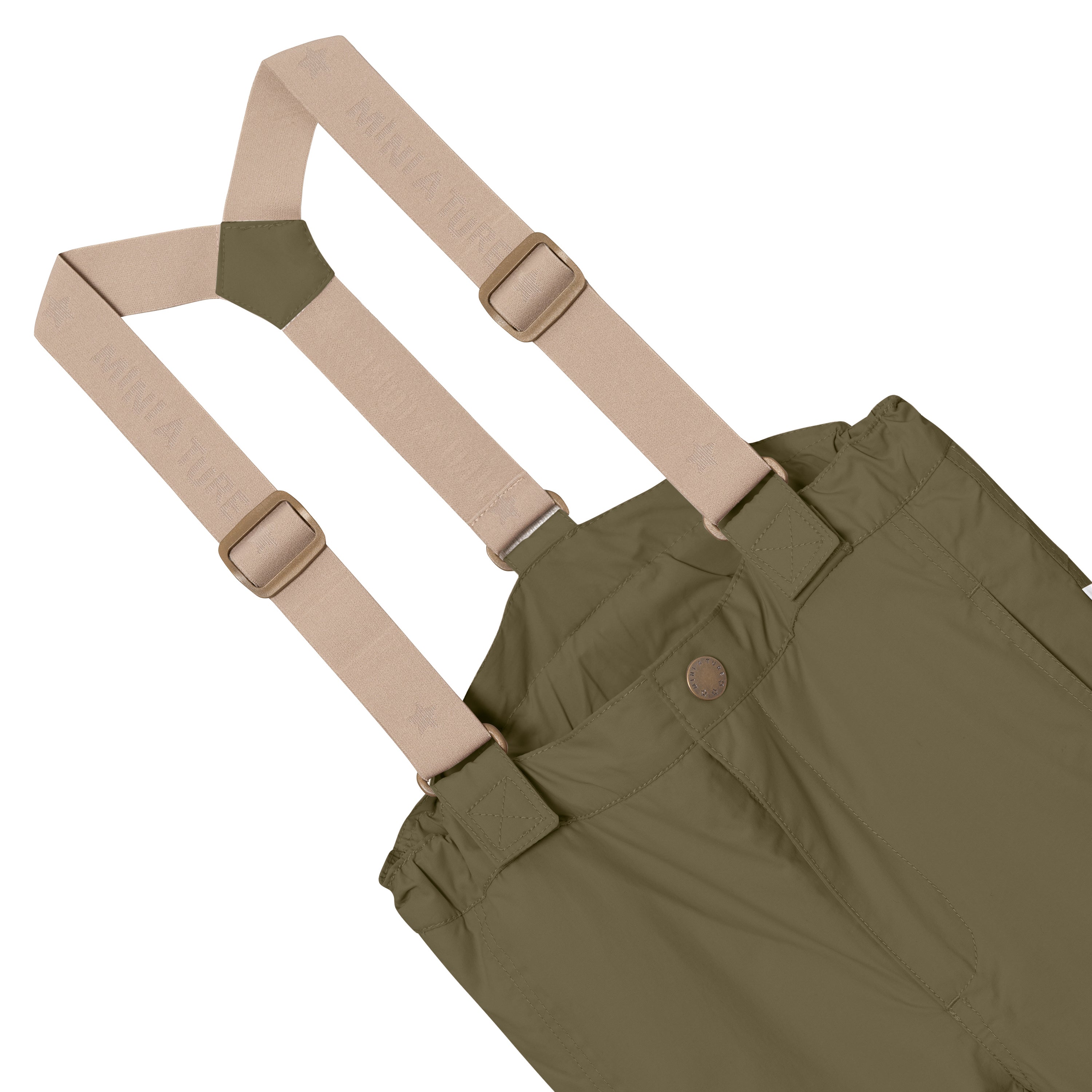 MATWITTE snow pants in olive green showing the waistband construction with snap-button closure, elasticated back panel and the removable beige elastic suspenders with metal slider adjusters crossing over and attaching through fabric loops at the front.