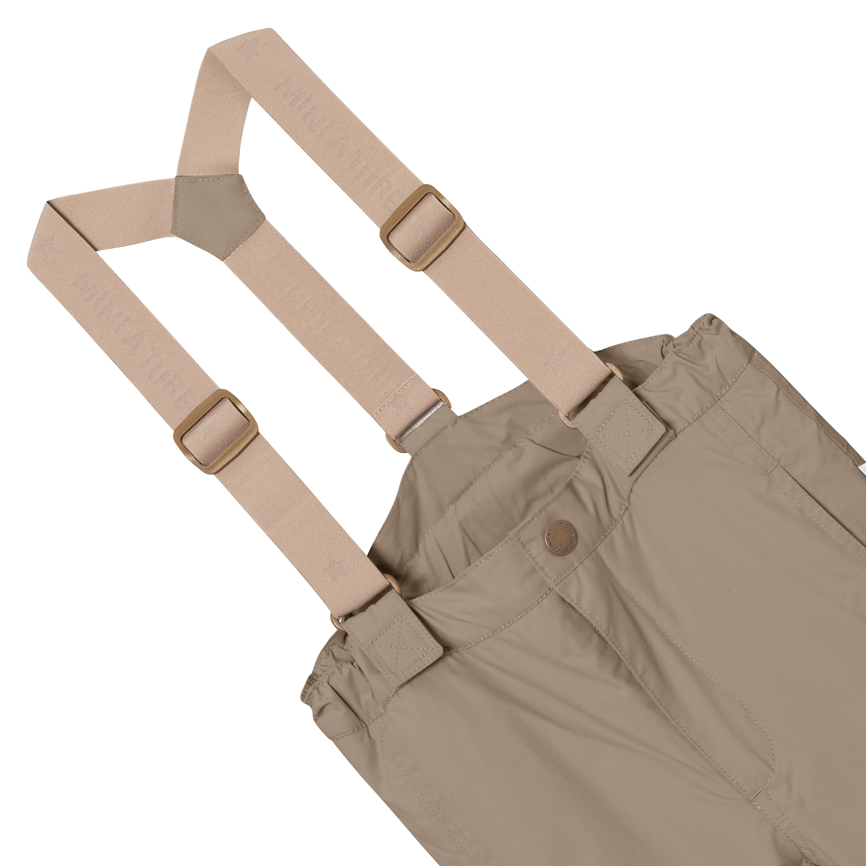 MATWITTE snow pants in warm beige showing the front waistband with snap-button fastening, elasticated waist and the removable beige elastic suspenders with metal slider adjusters threaded through fabric loops at the front.