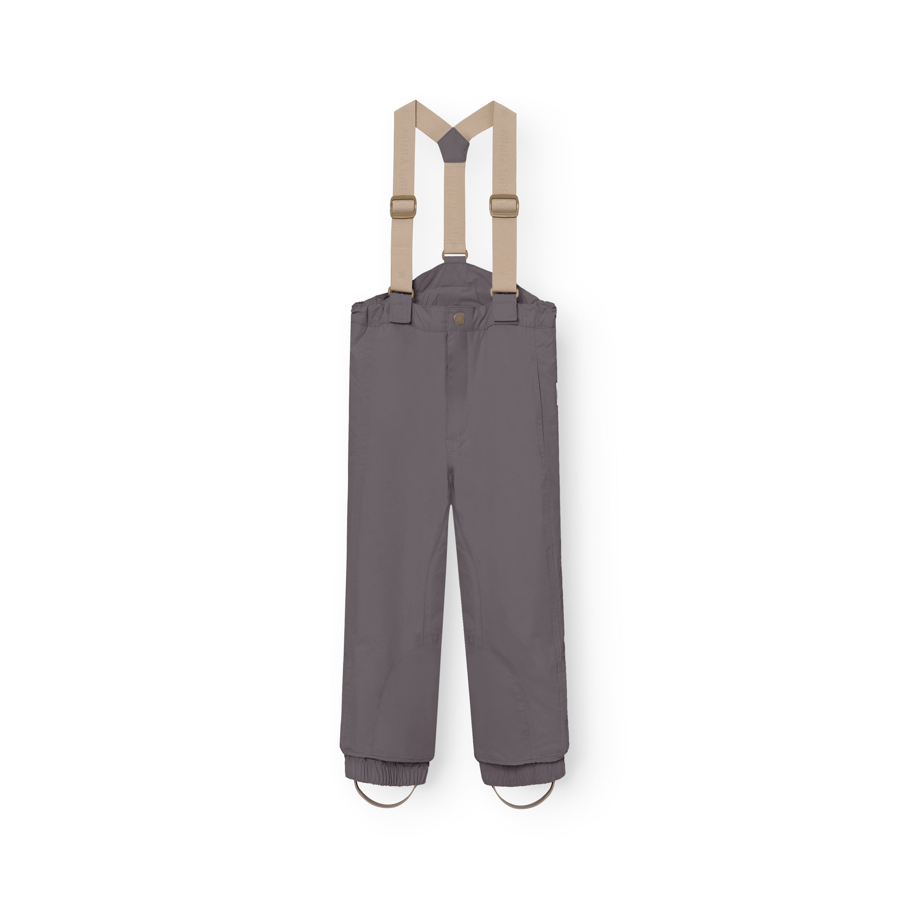 MATWITTE snow pants in charcoal grey displayed flat from the front with removable beige elastic suspenders attached, showing the snap-button waist, elasticated ankle cuffs with foot straps and the waterproof insulated construction designed for skiing and winter outdoor use.