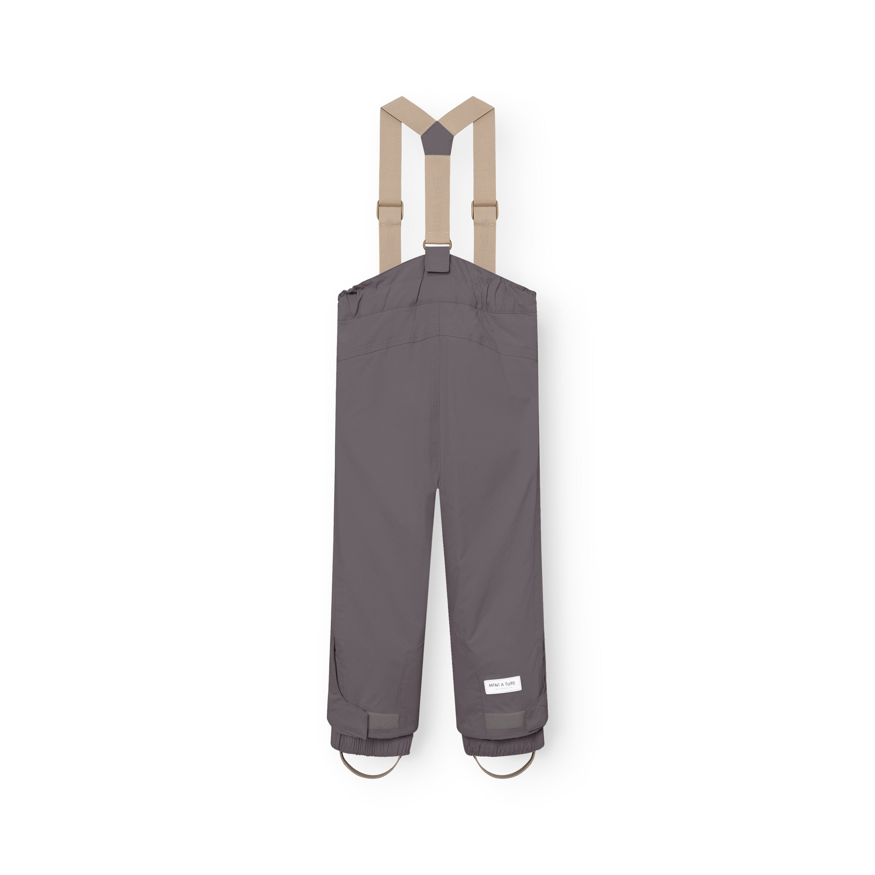 MATWITTE snow pants in charcoal grey showing the front waistband with snap-button fastening, elasticated waist and the removable beige elastic suspenders with metal slider adjusters threaded through fabric loops at the front.