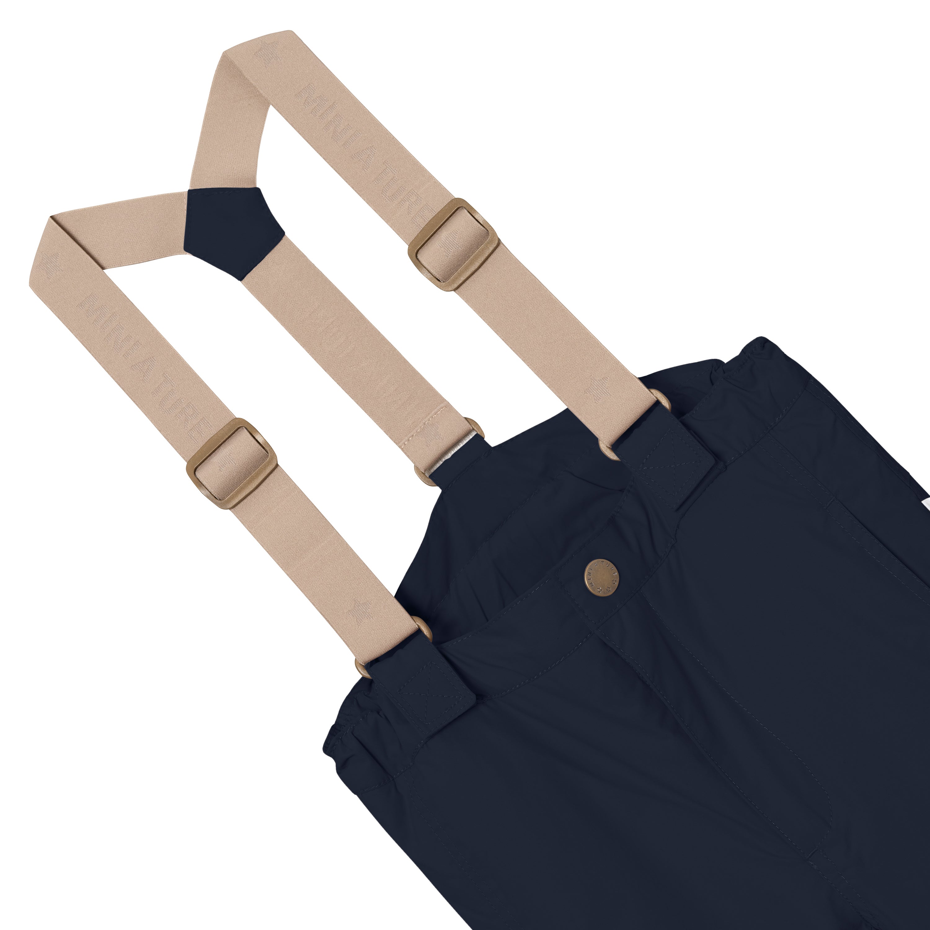 MATWITTE snow pants in navy blue showing the front waistband with snap-button closure, elasticated waist and the removable beige elastic suspenders with metal slider adjusters attached through fabric loops at the front.