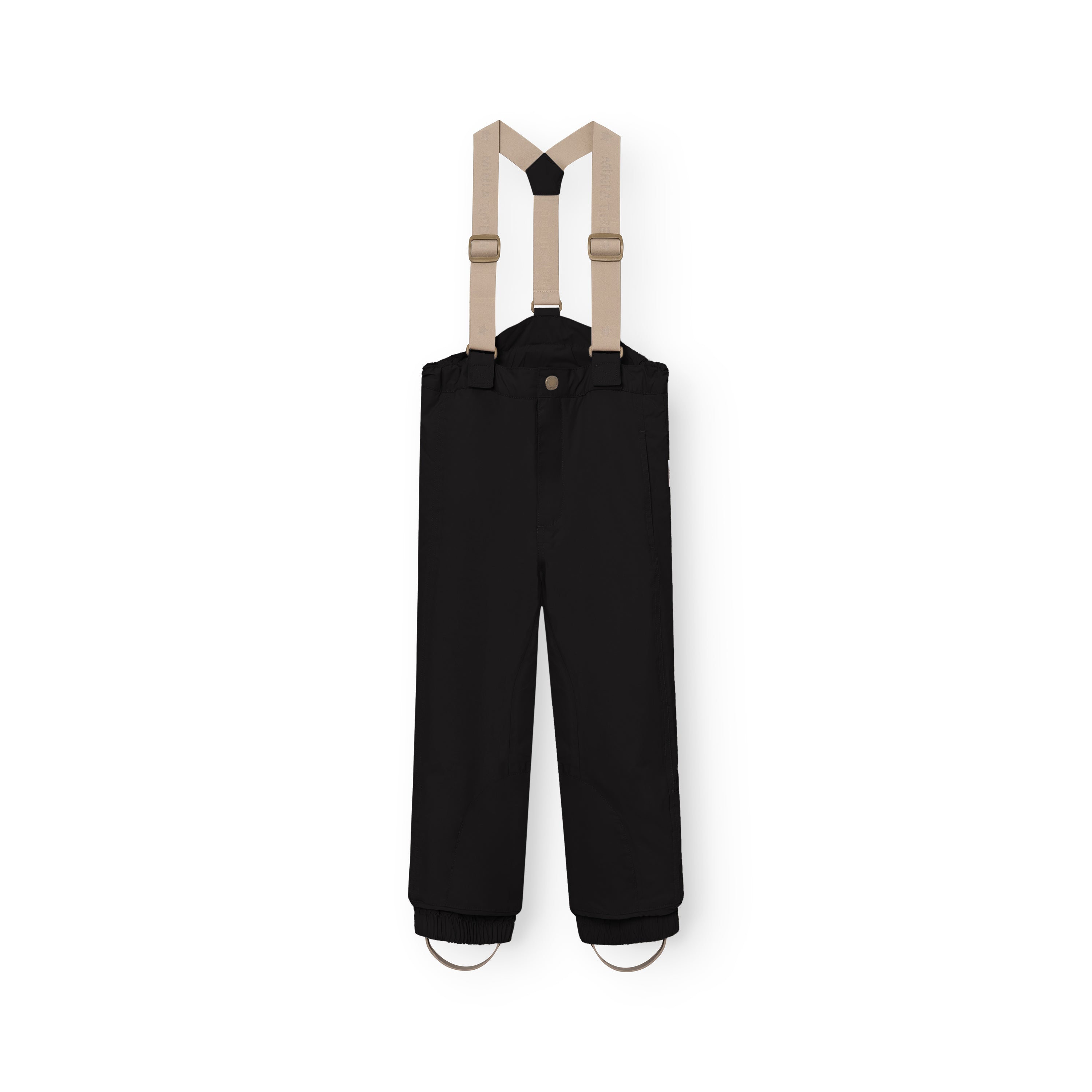 MATWITTE snow pants laid flat showing the removable beige suspenders with adjustable clips, snap-button waist fastening and elasticated ankle cuffs with foot straps for secure positioning during active wear.