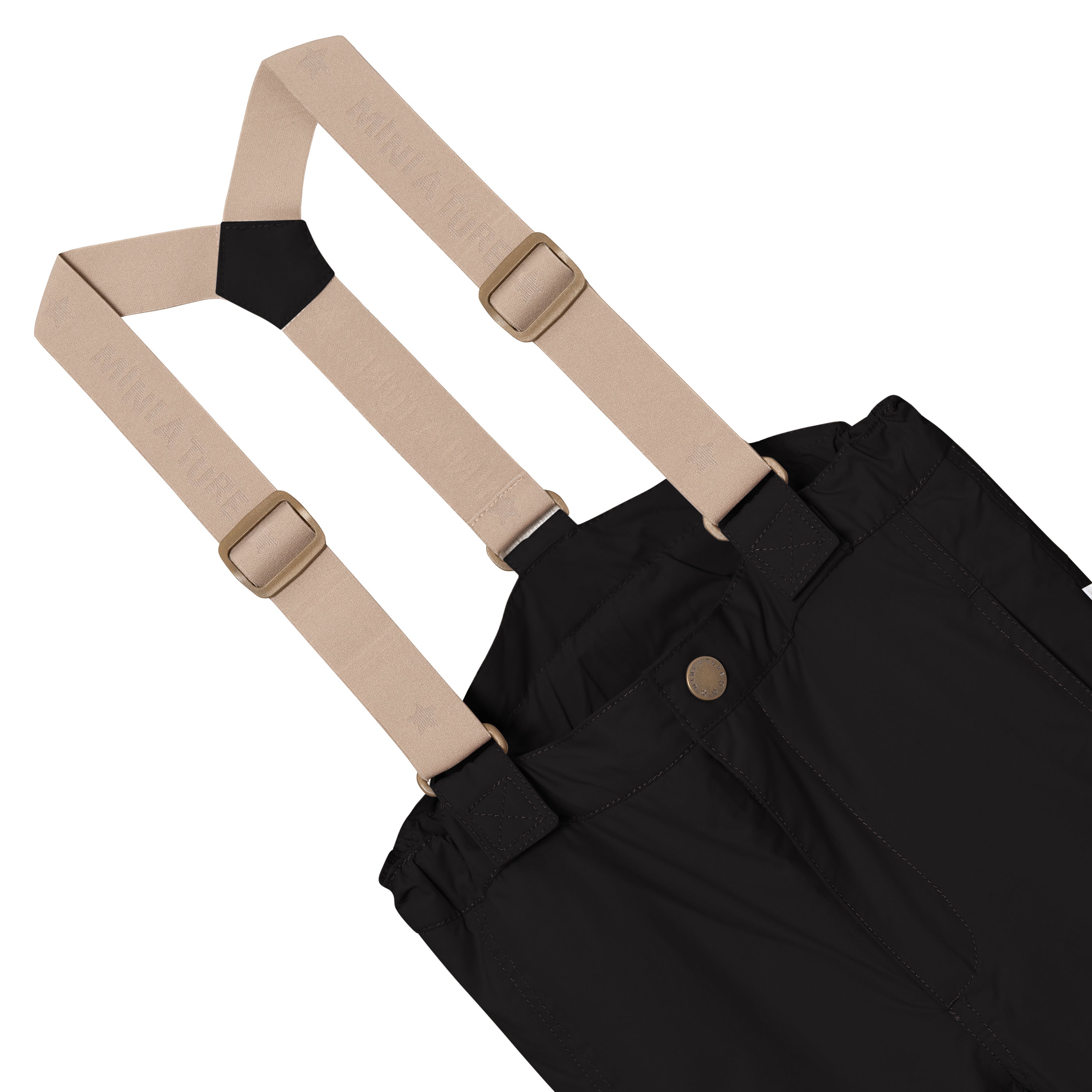 Close-up of MATWITTE snow pants showing the adjustable beige elastic suspenders with metal slider clips attached to the black waterproof waistband, demonstrating the removable braces system that helps position the trousers on different frames.