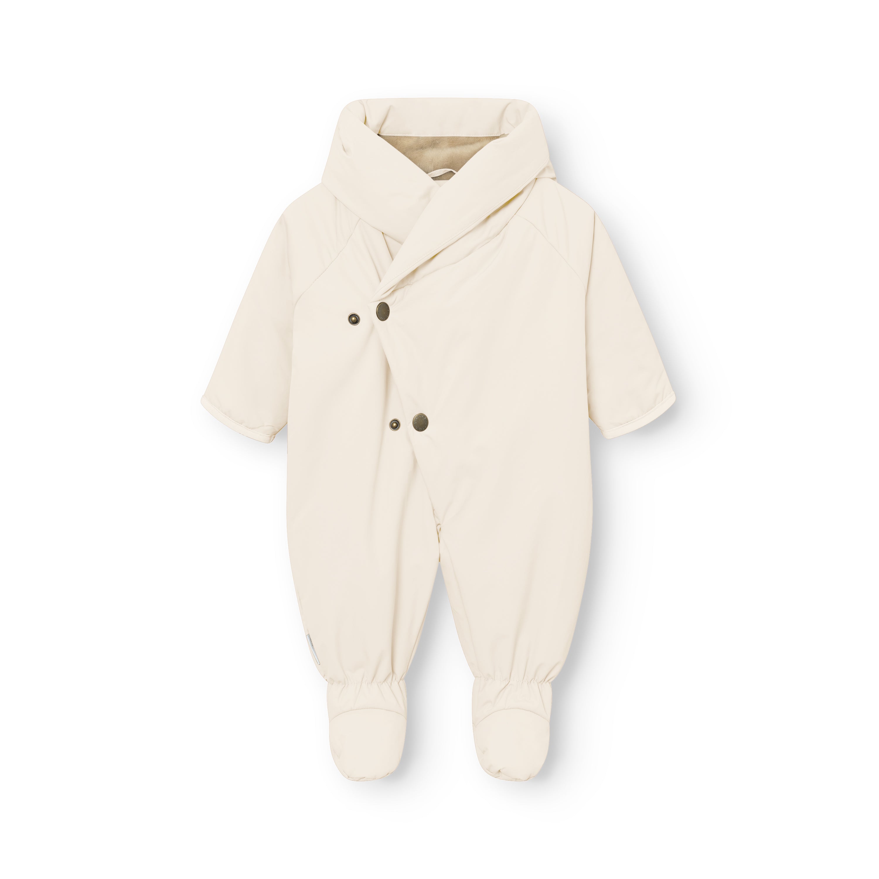 MATFIANNA fleece lined winter pramsuit in cream, laid flat to display the shawl-collar hood, diagonal snap-button closure with contrasting buttons, THERMOLITE padded sleeves and legs, and built-in socks with elasticated cuffs.