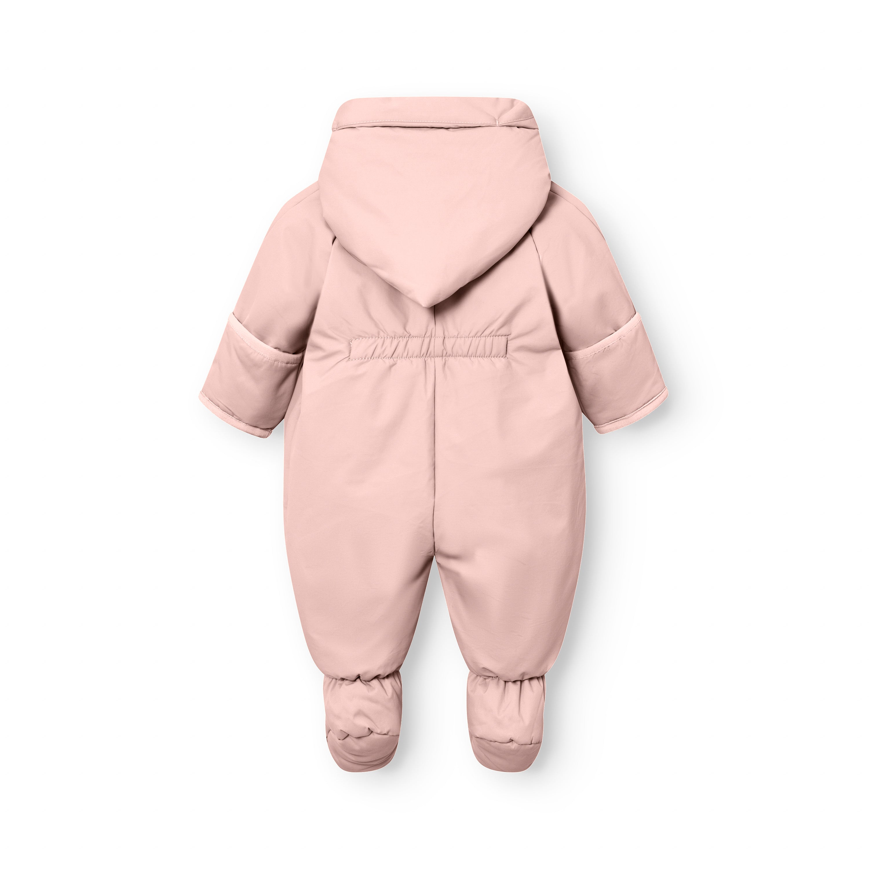 MATFIANNA fleece lined winter pramsuit in soft pink, photographed from the back to show the shawl-collar hood, elasticated waist seam, THERMOLITE padded sleeves and legs, and built-in socks with gathered ankle cuffs.