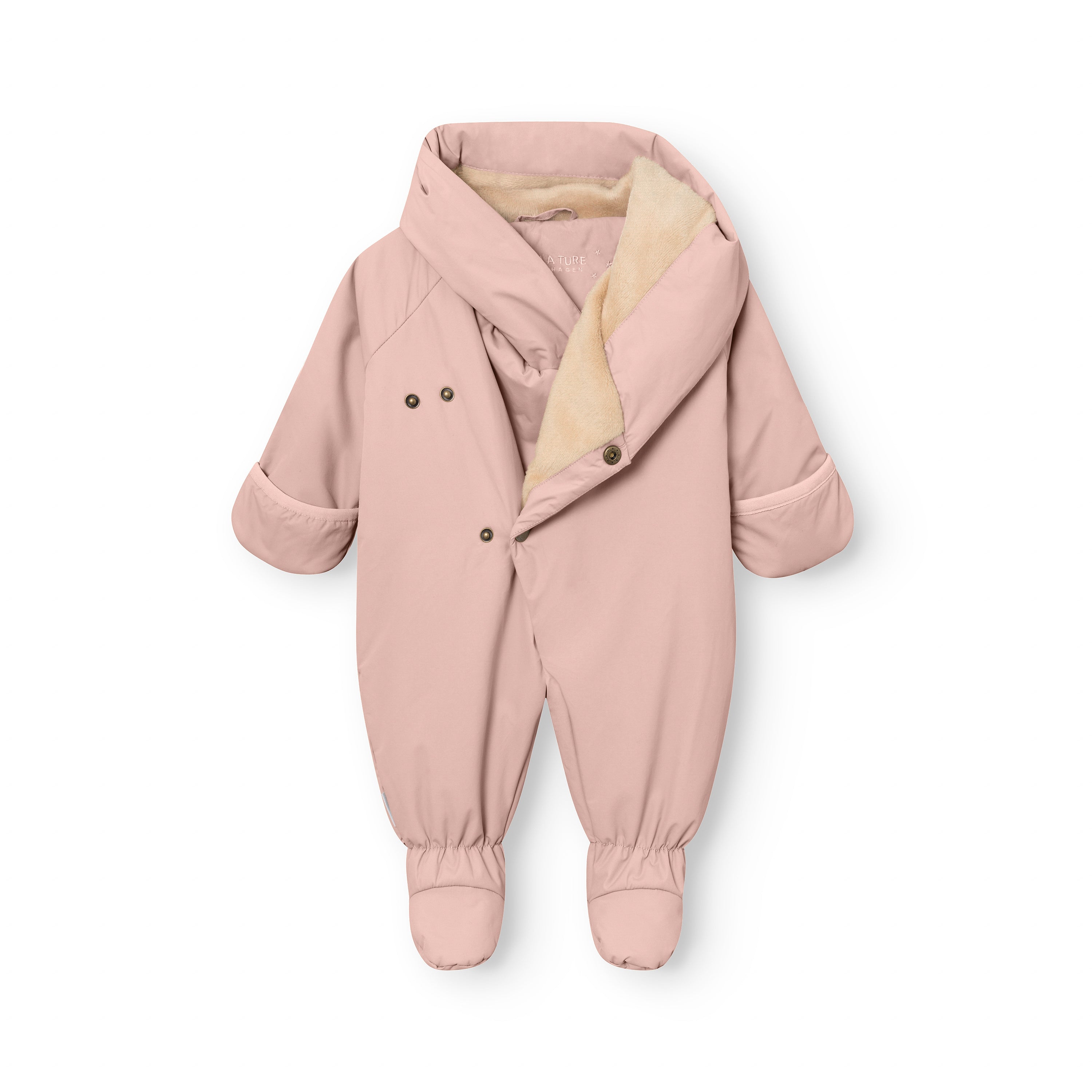 MATFIANNA fleece lined winter pramsuit in soft pink, displayed flat with the diagonal snap-button opening partially open to reveal the beige fleece lining, fold-over mittens at the sleeve cuffs and integrated socks with elasticated ankle detail.