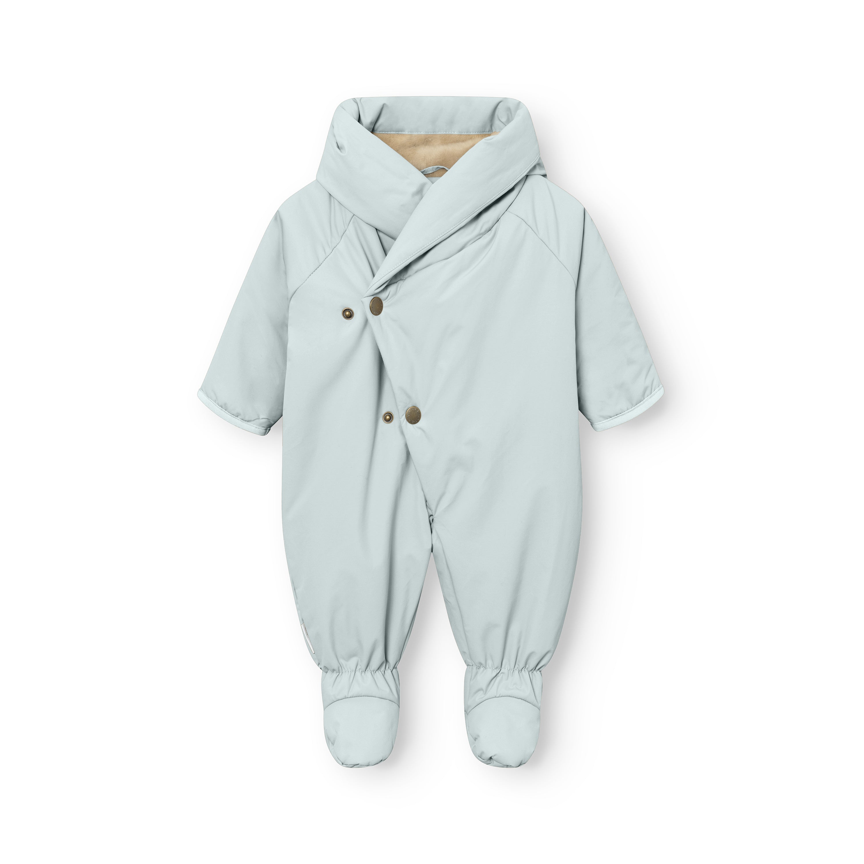 MATFIANNA fleece lined winter pramsuit in pale blue, laid flat to show the diagonal snap-button closure, shawl-collar hood, THERMOLITE padded sleeves and body, and built-in socks with elasticated cuffs.