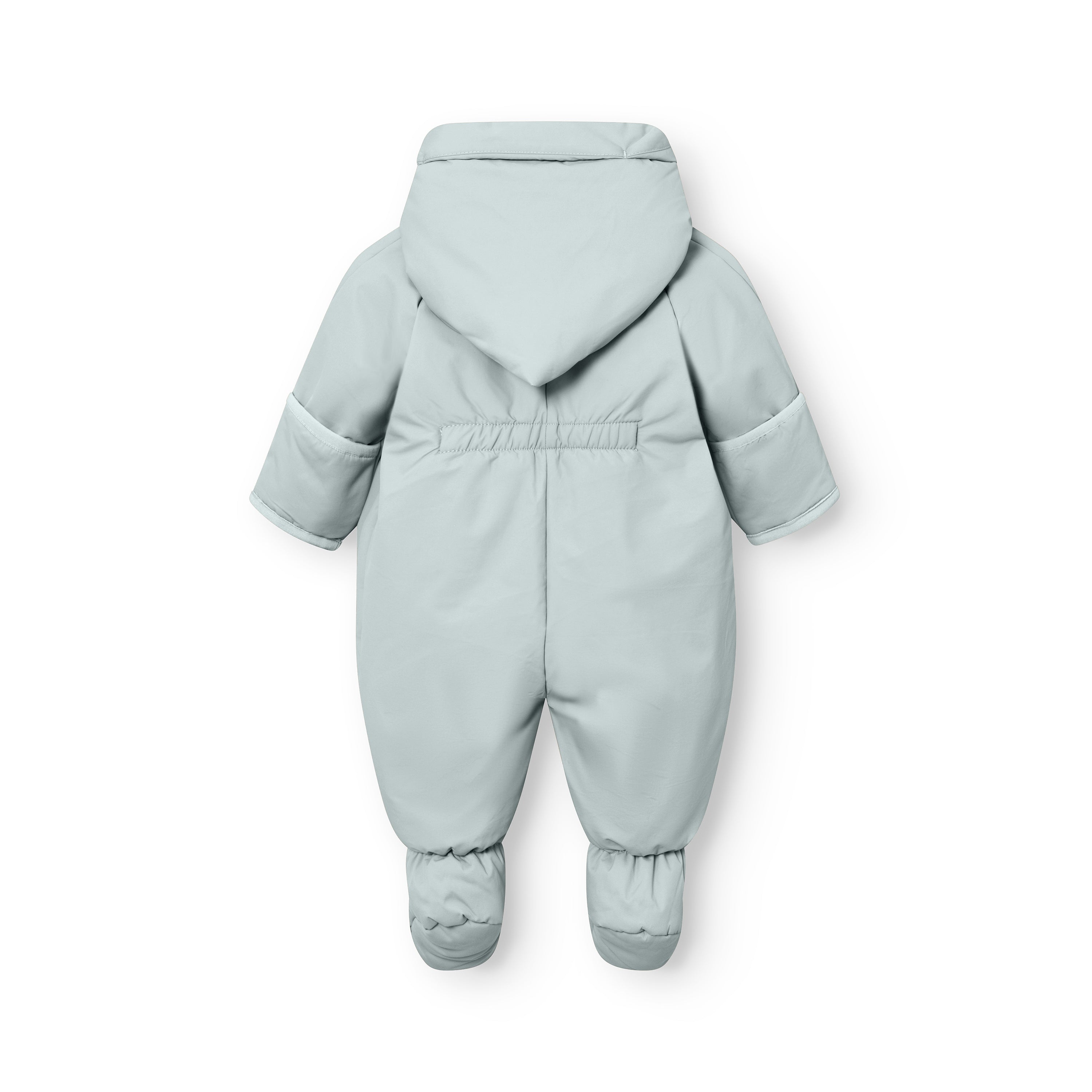 MATFIANNA fleece lined winter pramsuit in pale blue, photographed from the back to show the shawl-collar hood, elasticated waist detail, THERMOLITE padded sleeves and legs, and integrated socks with gathered ankle cuffs.