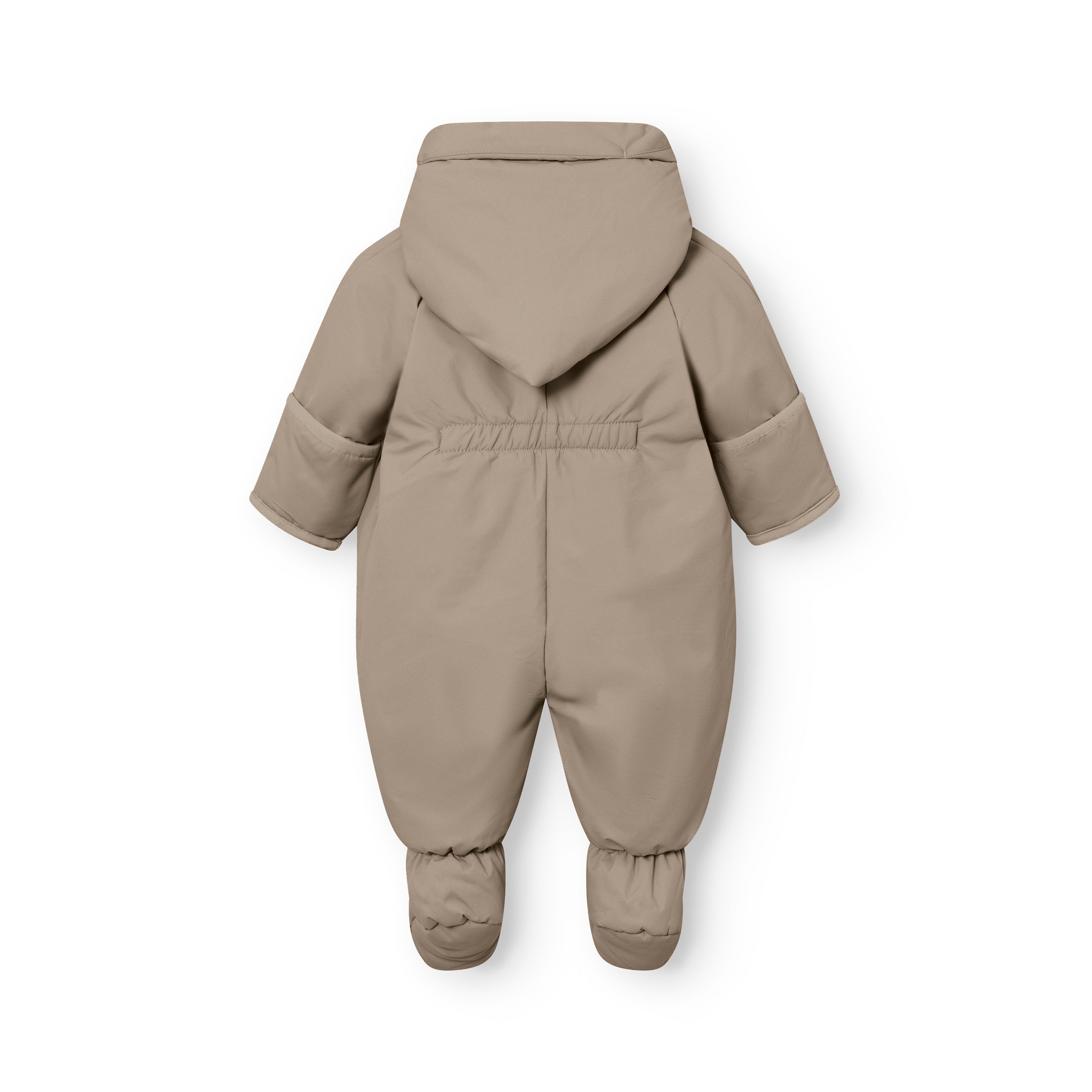 MATFIANNA fleece lined winter pramsuit viewed from the back, displaying the shawl-collar hood, THERMOLITE padded construction, reinforced lower legs and integrated socks in taupe grey recycled polyamide.
