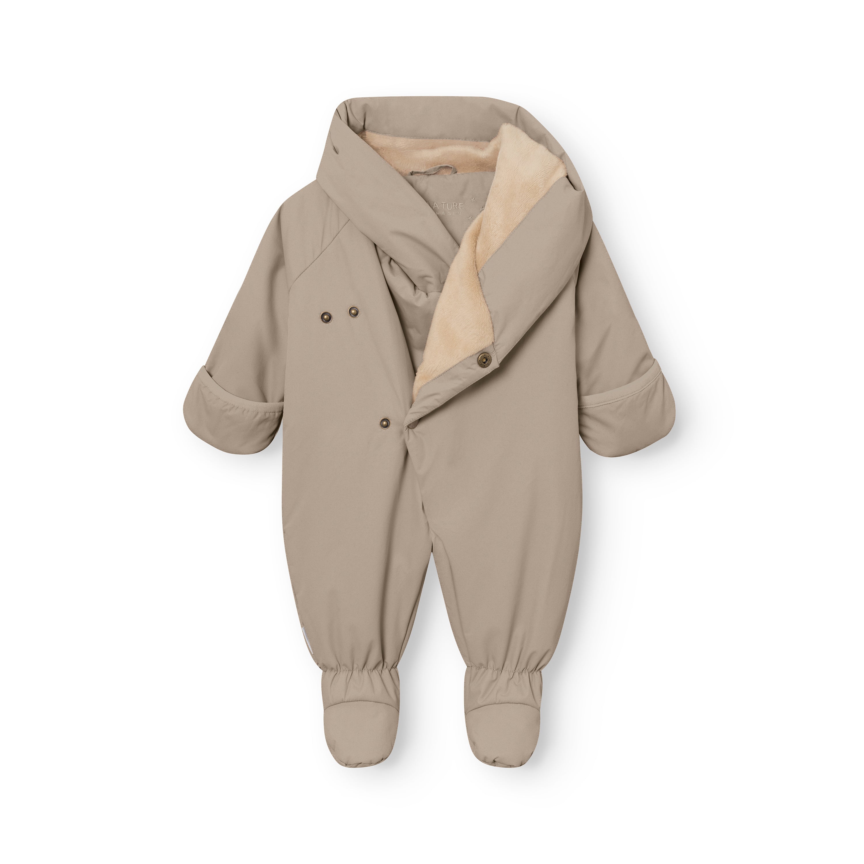MATFIANNA fleece lined winter pramsuit shown flat from the front, highlighting the diagonal snap-button closure, soft fleece lining visible at the collar, fold-over mittens and built-in socks in taupe grey waterproof shell.