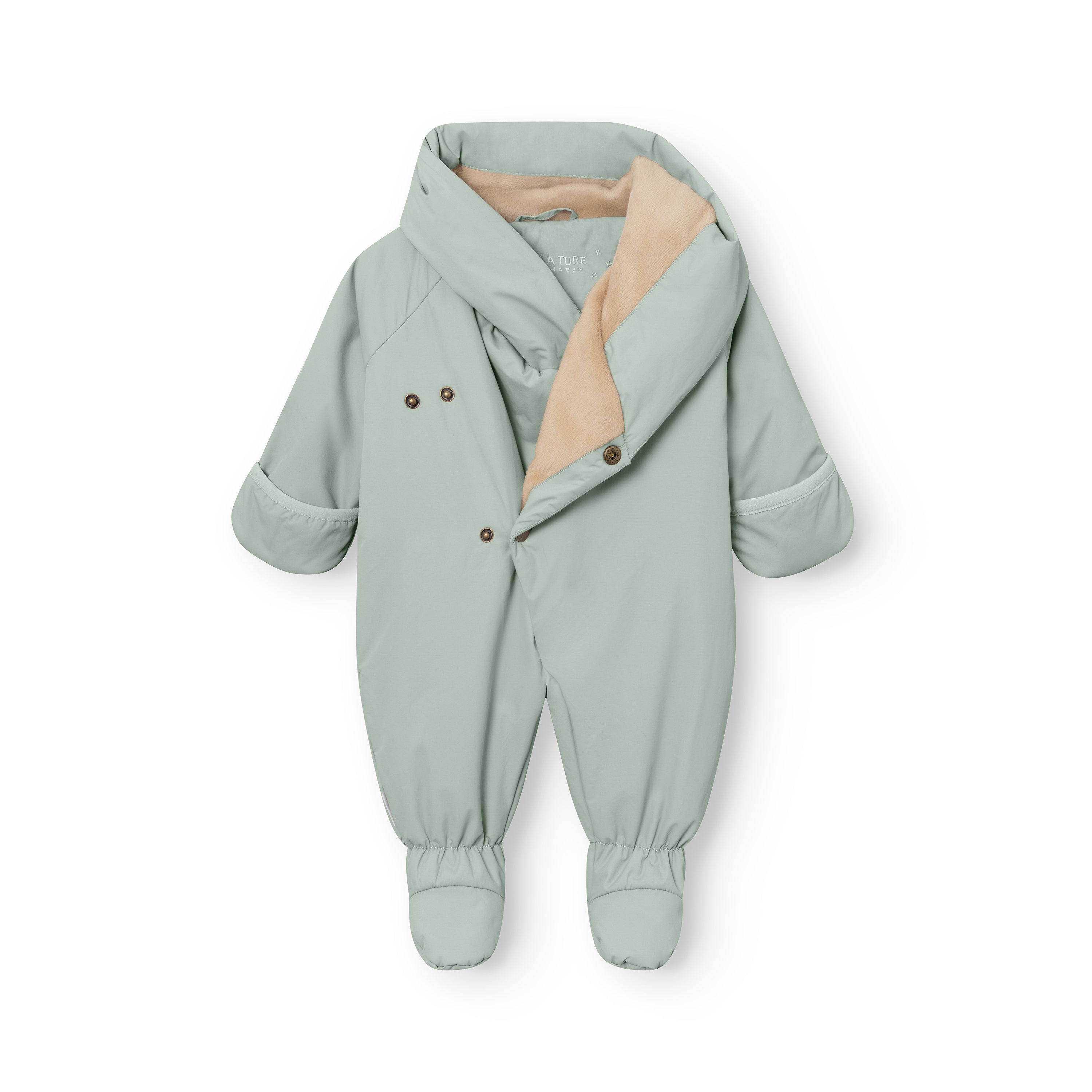 MATFIANNA fleece lined winter pramsuit in sage green, shown flat with the diagonal snap-button opening partially unfastened to reveal the beige fleece lining, fold-over mittens at the cuffs and built-in socks with elasticated ankle detail.