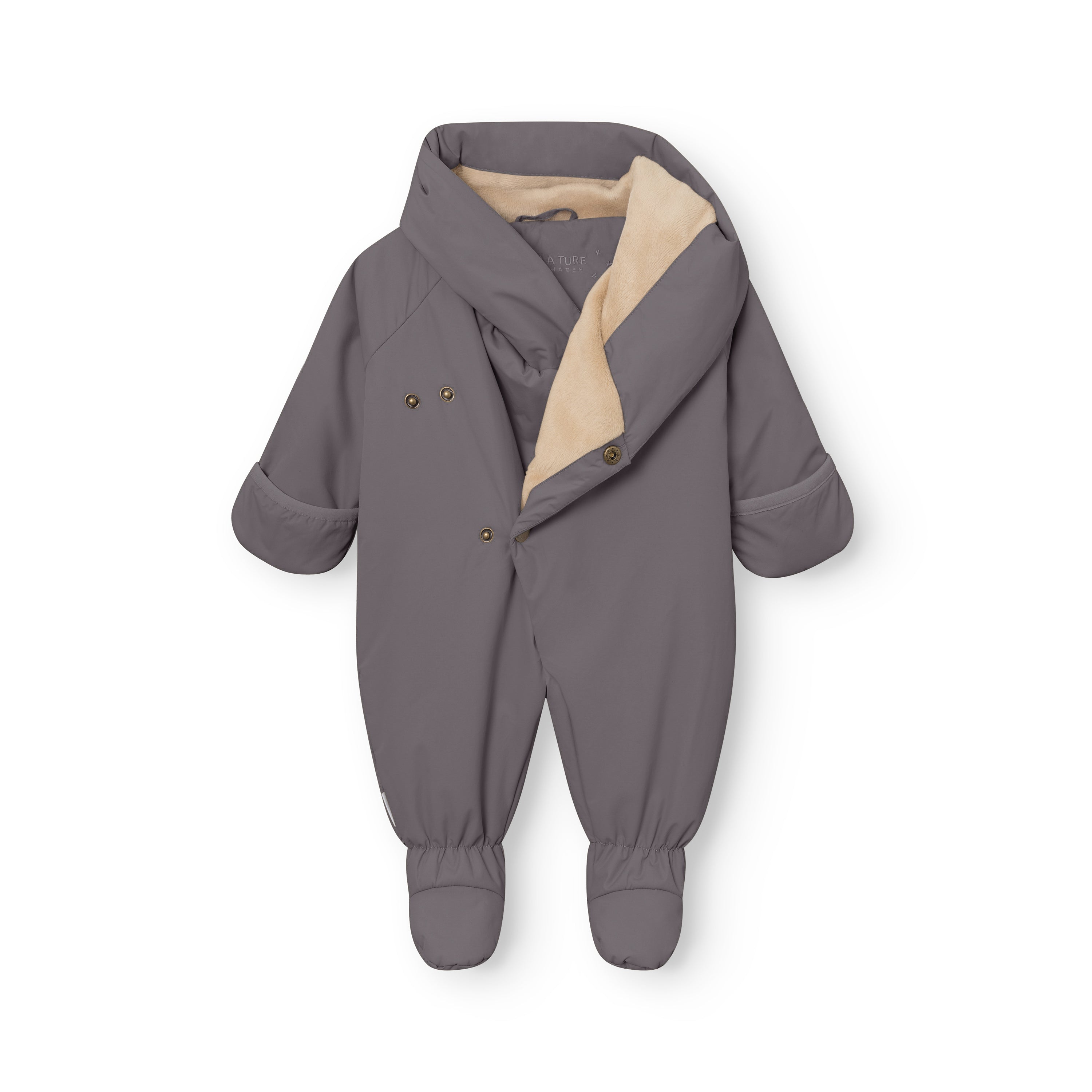MATFIANNA fleece lined winter pramsuit in charcoal grey, displayed flat with the diagonal snap-button opening partially unfastened to reveal the beige fleece lining, fold-over mittens at the sleeve cuffs and integrated socks with elasticated ankle detail.