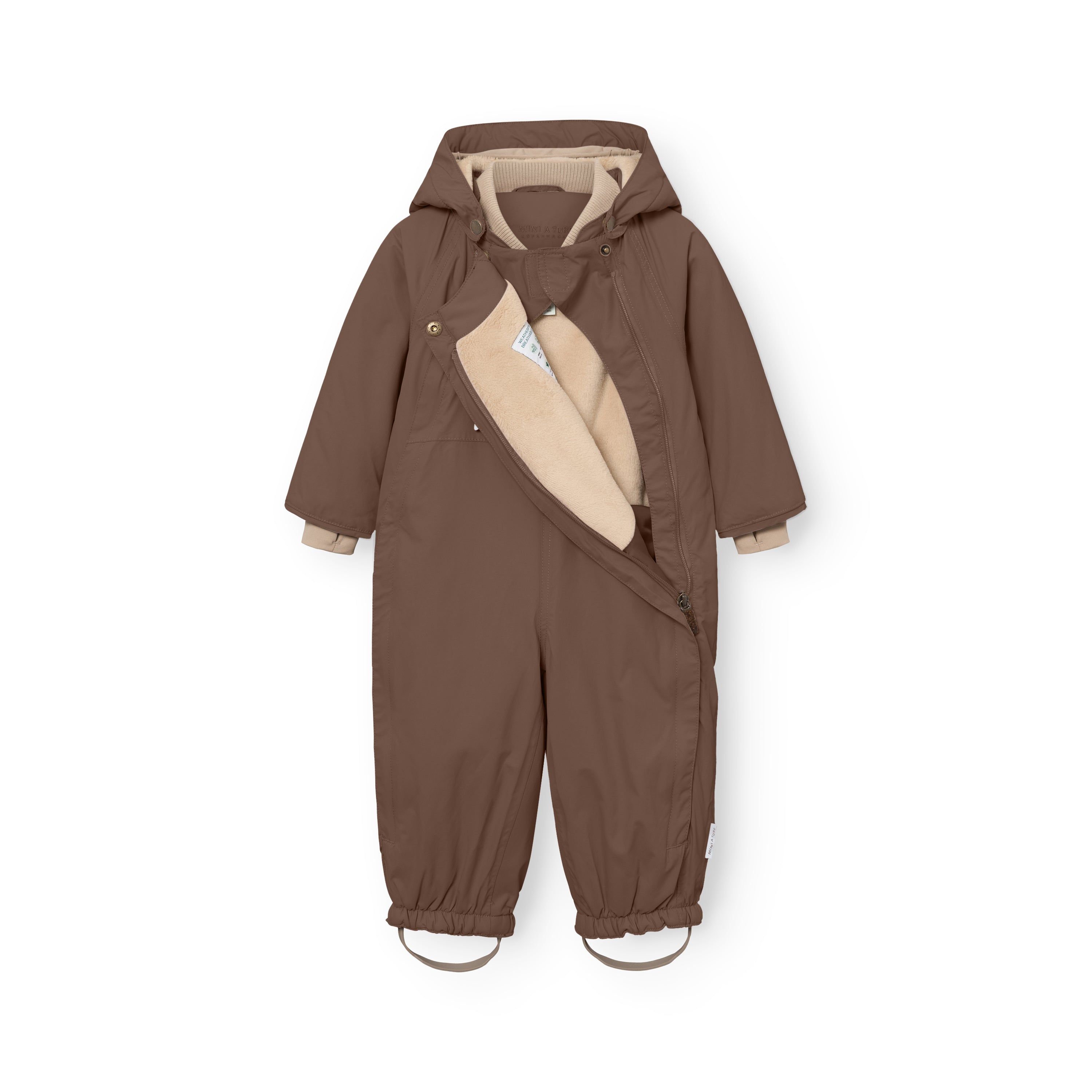MATWISTI fleece lined snowsuit in warm brown with the left slanted front zip partially open to reveal the beige fleece lining and internal care label, showing the detachable hood with snap buttons, beige ribbed cuffs and elasticated leg openings with adjustable foot straps.