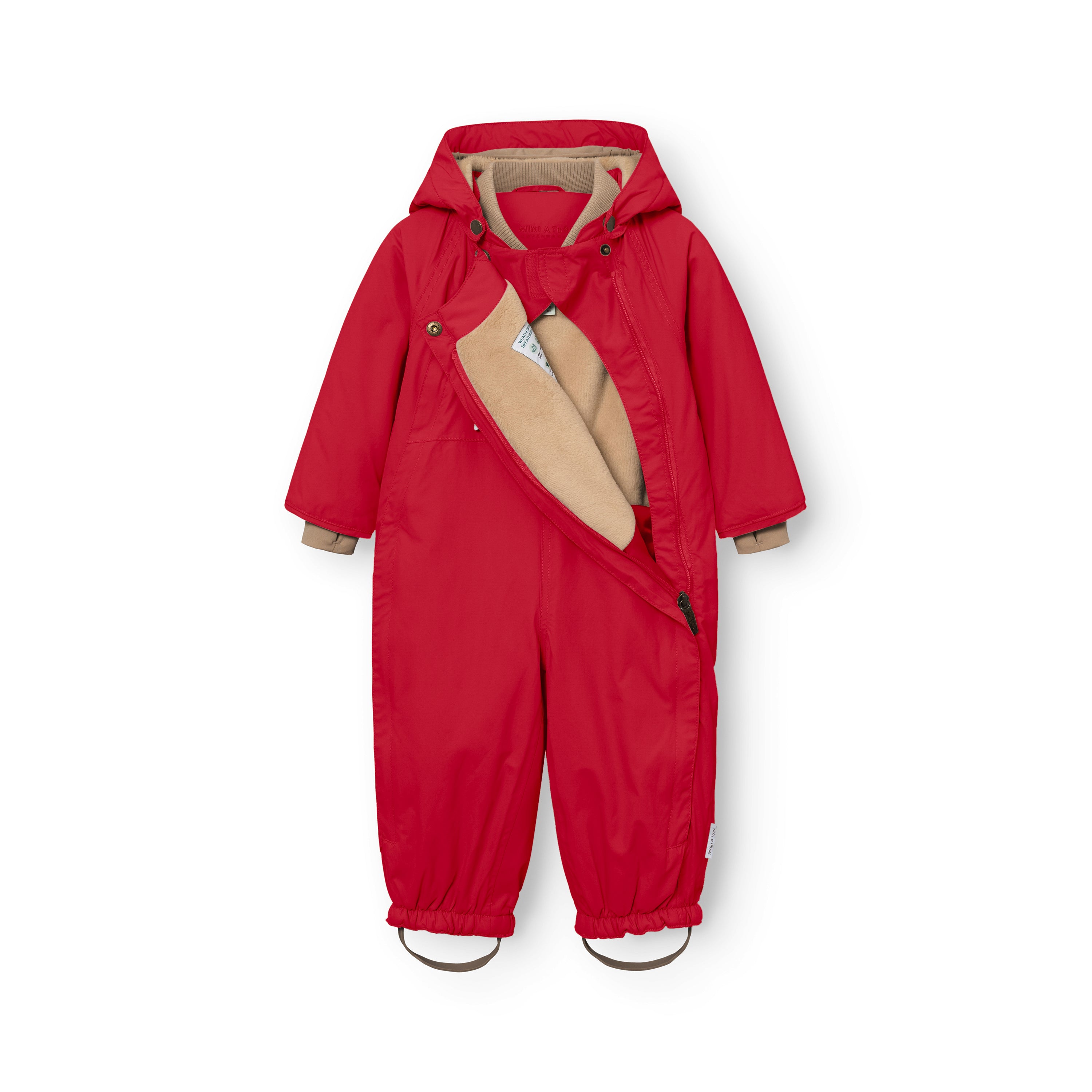 MATWISTI fleece lined snowsuit in bright red with the right slanted front zip partially open to reveal the beige fleece lining and internal care label, showing the detachable hood with snap buttons, beige ribbed cuffs and elasticated leg openings with adjustable foot straps.