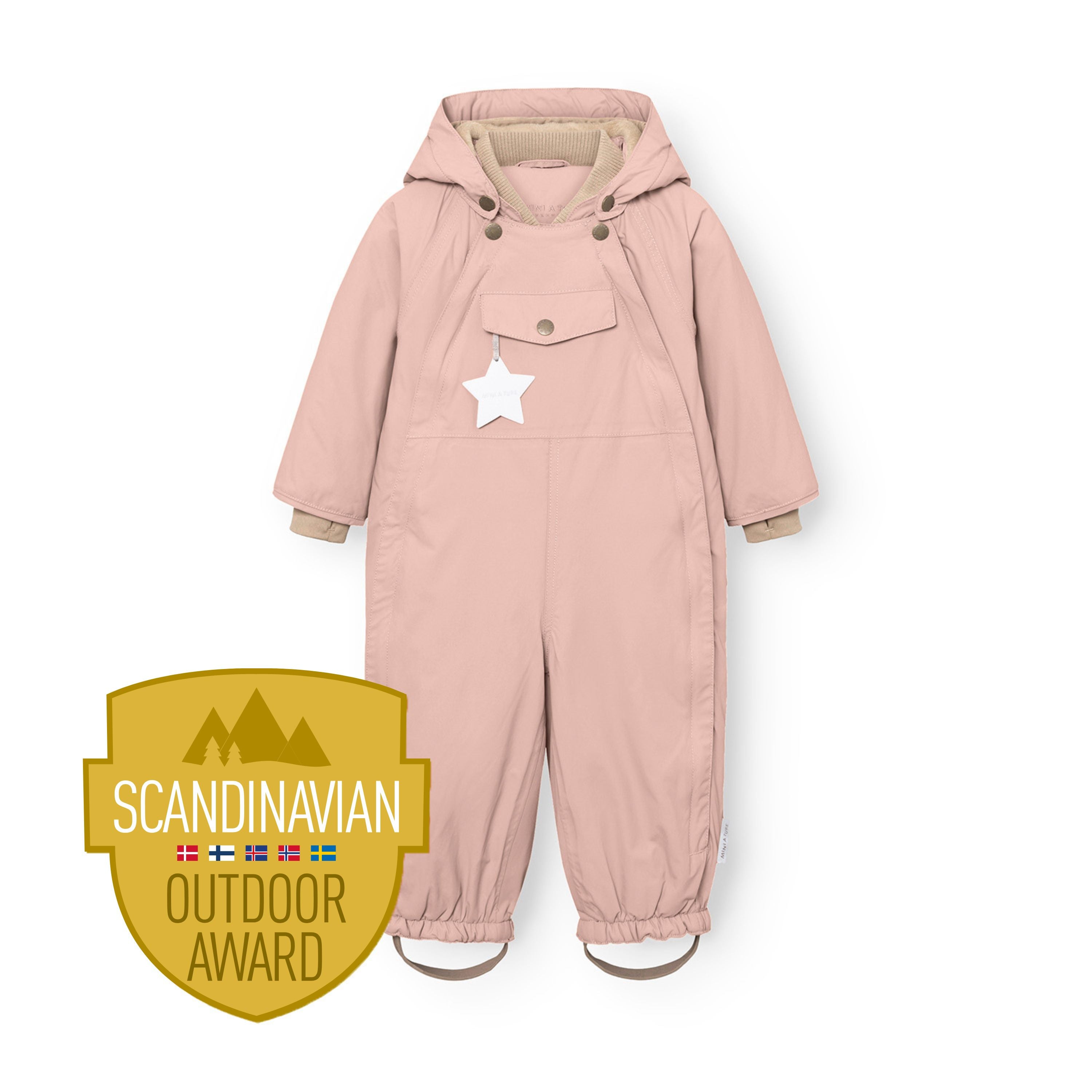 MATWISTI fleece lined snowsuit in soft rose pink displayed flat against a white background, showing the detachable hood with snap-button fastening, ribbed collar, front chest pocket with reflective star detail, elasticated cuffs and adjustable foot straps, with the Scandinavian Outdoor Award badge at the lower left.