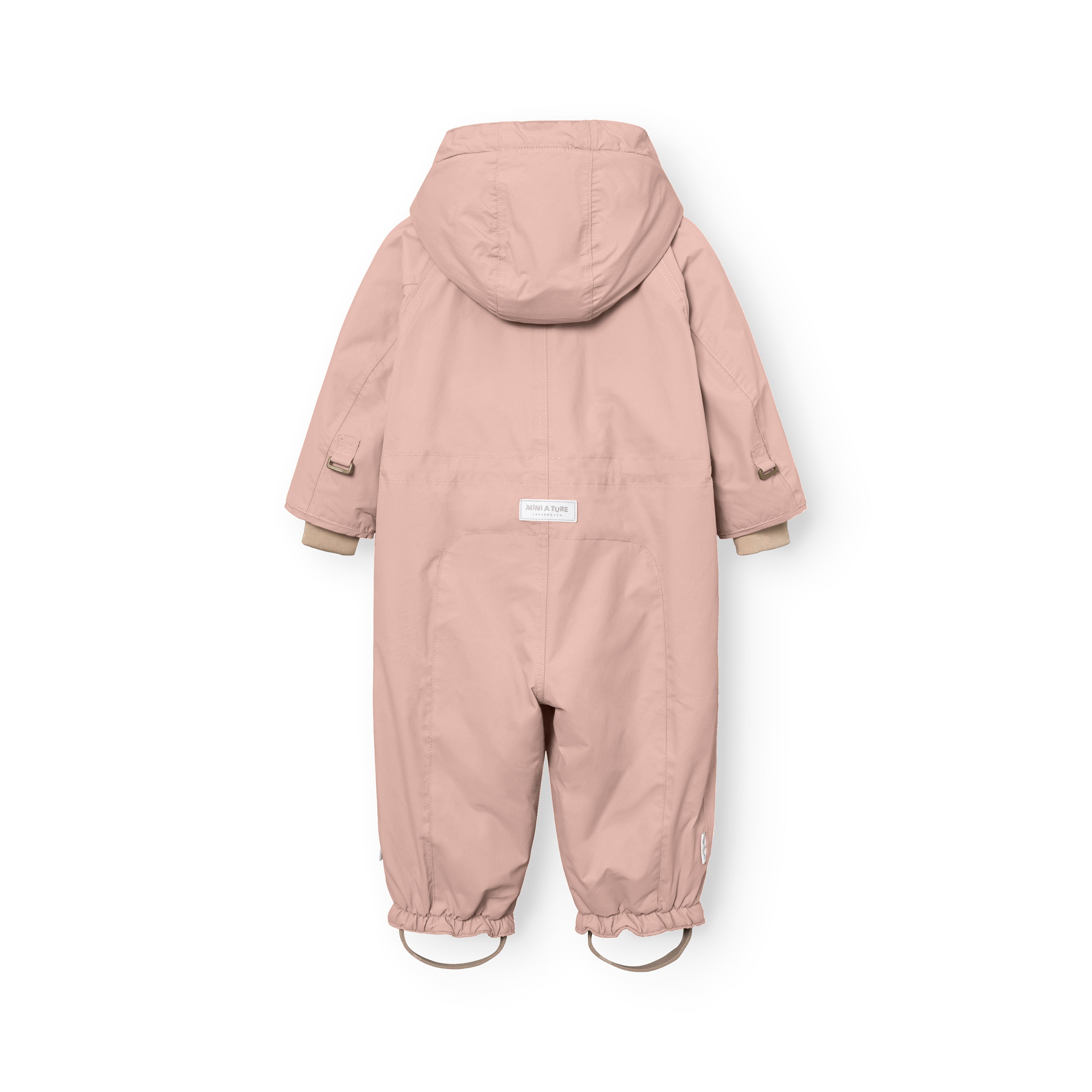 Rear view of the MATWISTI fleece lined snowsuit in soft rose pink showing the detachable hood with snap-button fastening, MINI A TURE label at the lower back, elasticated cuffs and adjustable foot straps with beige buckles.