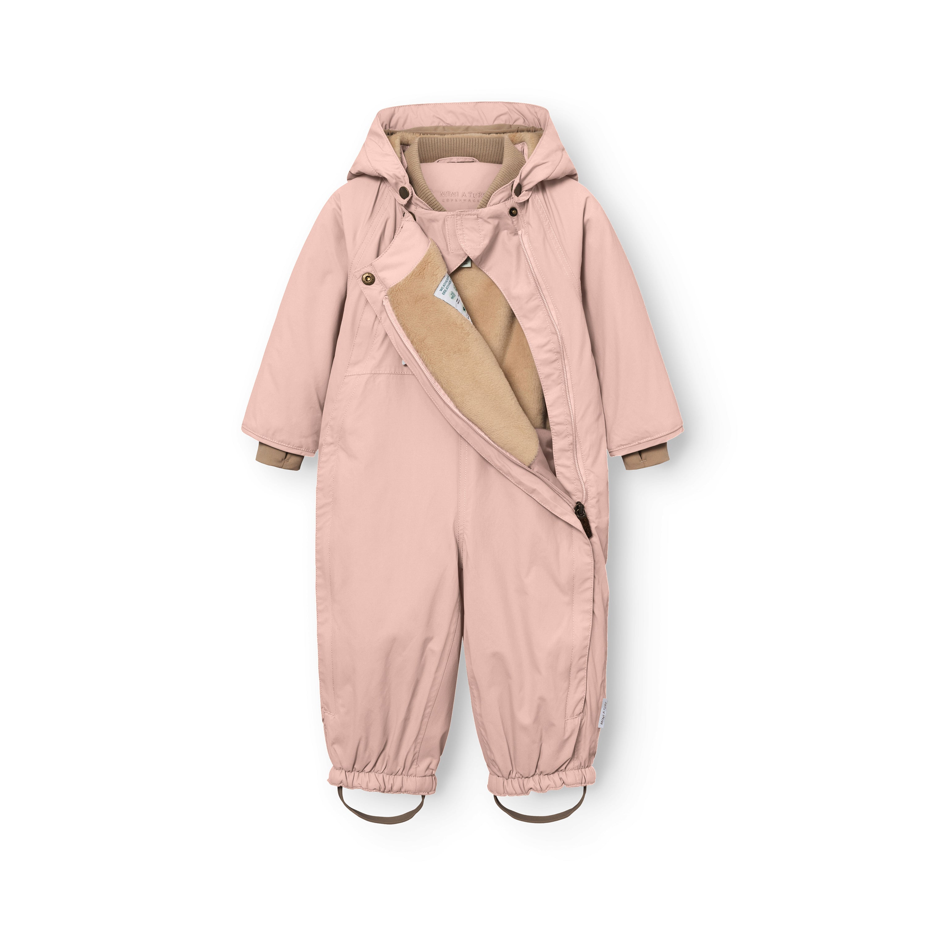 MATWISTI fleece lined snowsuit in soft rose pink with one of the two slanted front zips fully open to reveal the beige fleece lining, ribbed cuffs and MINI A TURE care label inside, with adjustable foot straps and snap-button hood fastening visible.