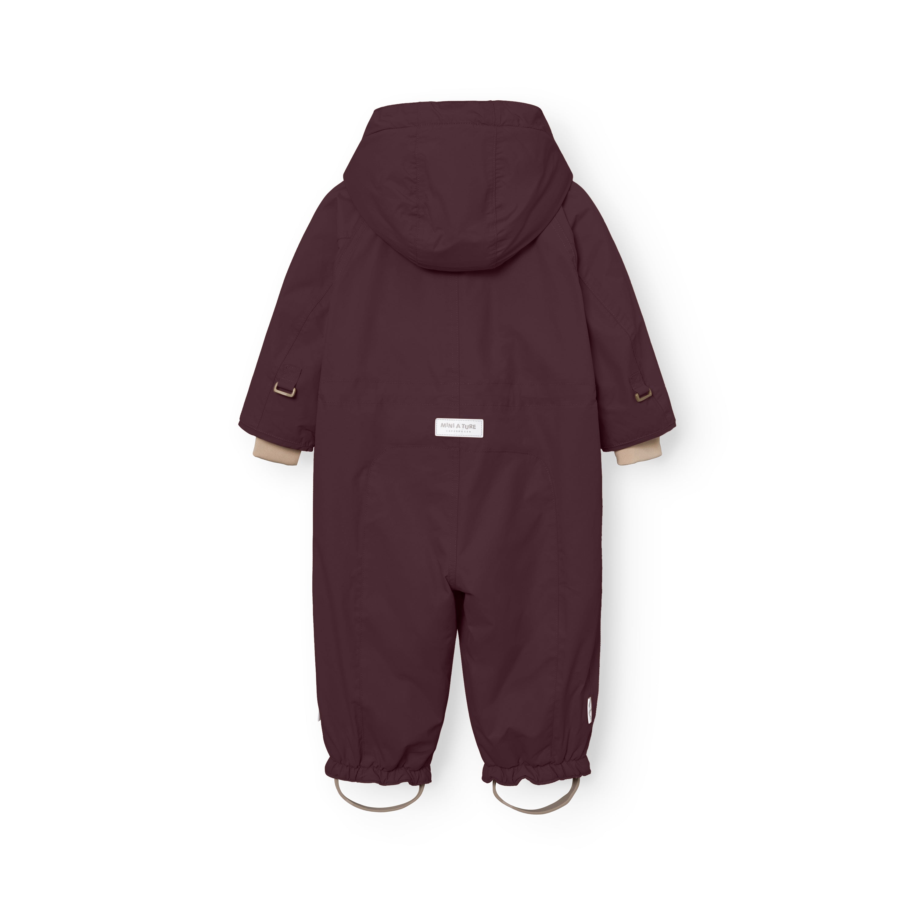 Rear view of the MATWISTI fleece lined snowsuit in deep plum displayed flat, showing the detachable hood, elasticated waist adjustment, adjustable foot straps and MINI A TURE label at the lower back.