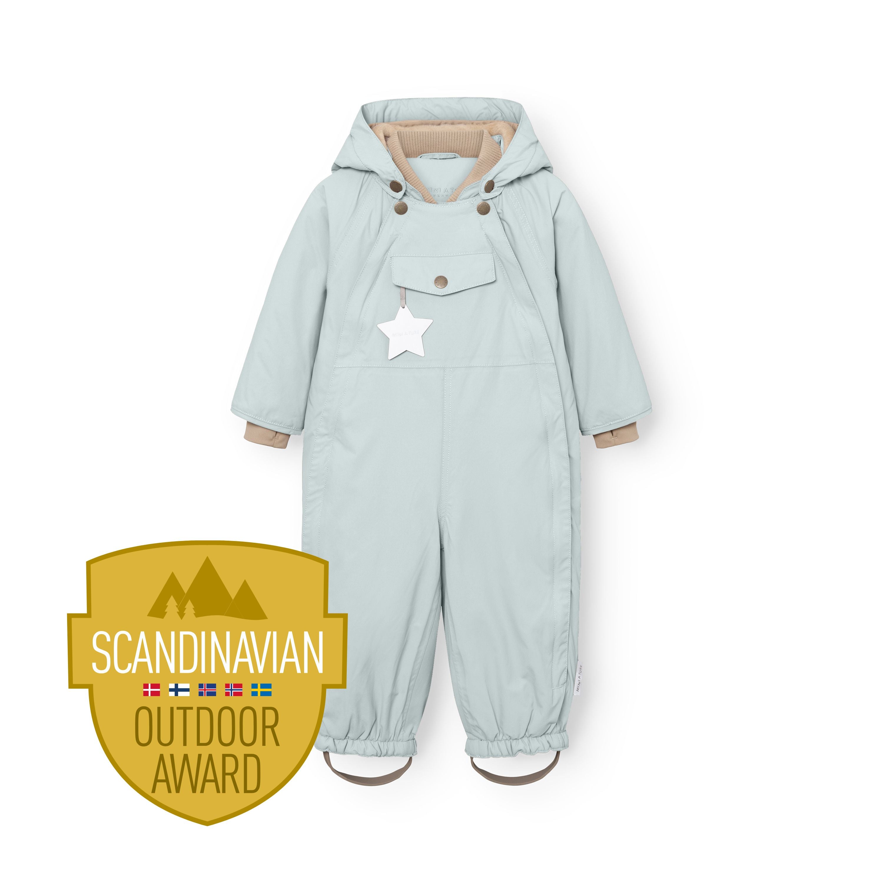 MATWISTI fleece lined snowsuit in pale blue displayed flat against a white background, showing the detachable hood with snap buttons, front chest pocket with white reflective star, beige ribbed cuffs at the wrists, elasticated leg openings with adjustable foot straps, and the Scandinavian Outdoor Award badge at the lower left.