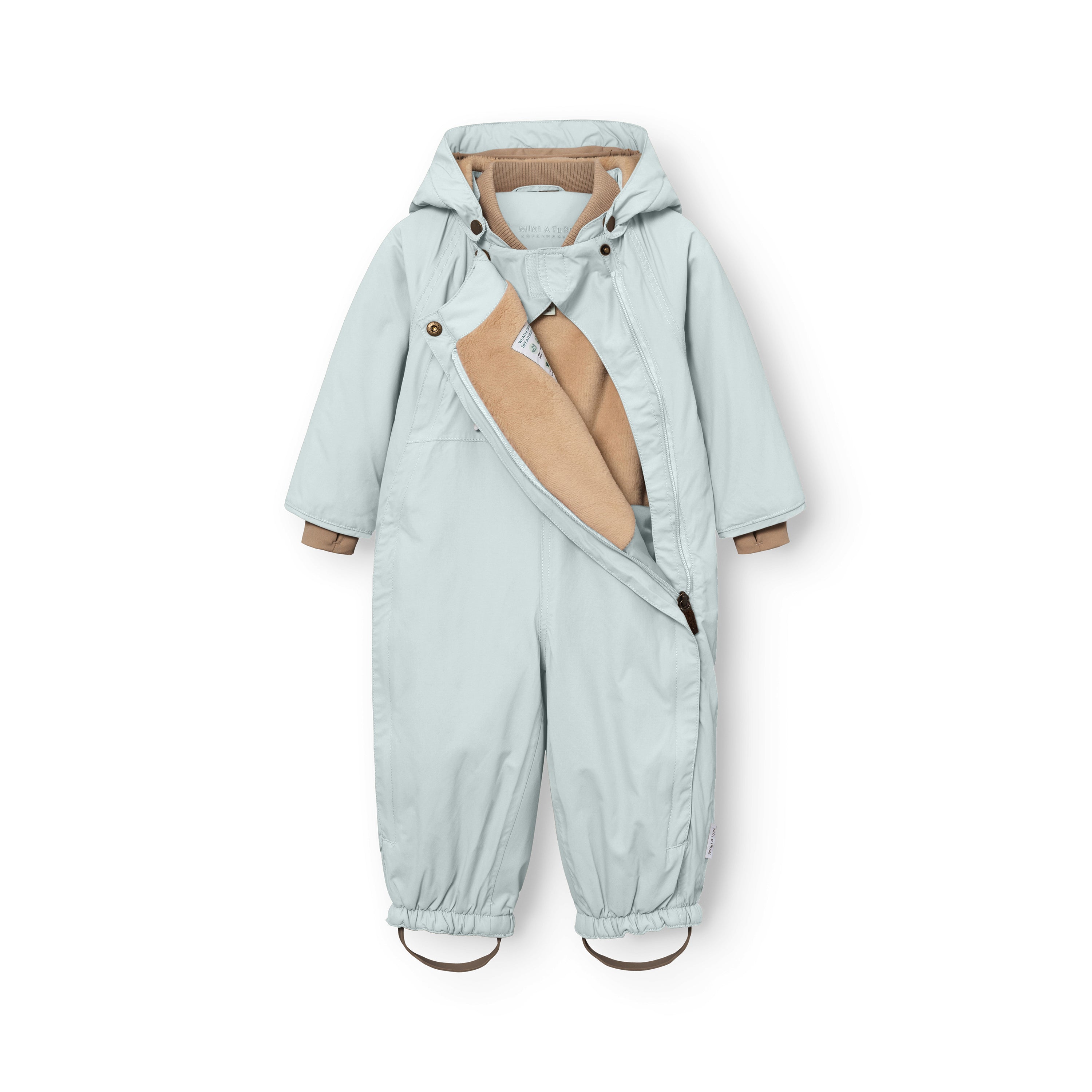 MATWISTI fleece lined snowsuit in pale blue with the left slanted front zip partially open to reveal the beige fleece lining and internal care label, showing the detachable hood with snap buttons, beige ribbed cuffs and elasticated leg openings with adjustable foot straps.