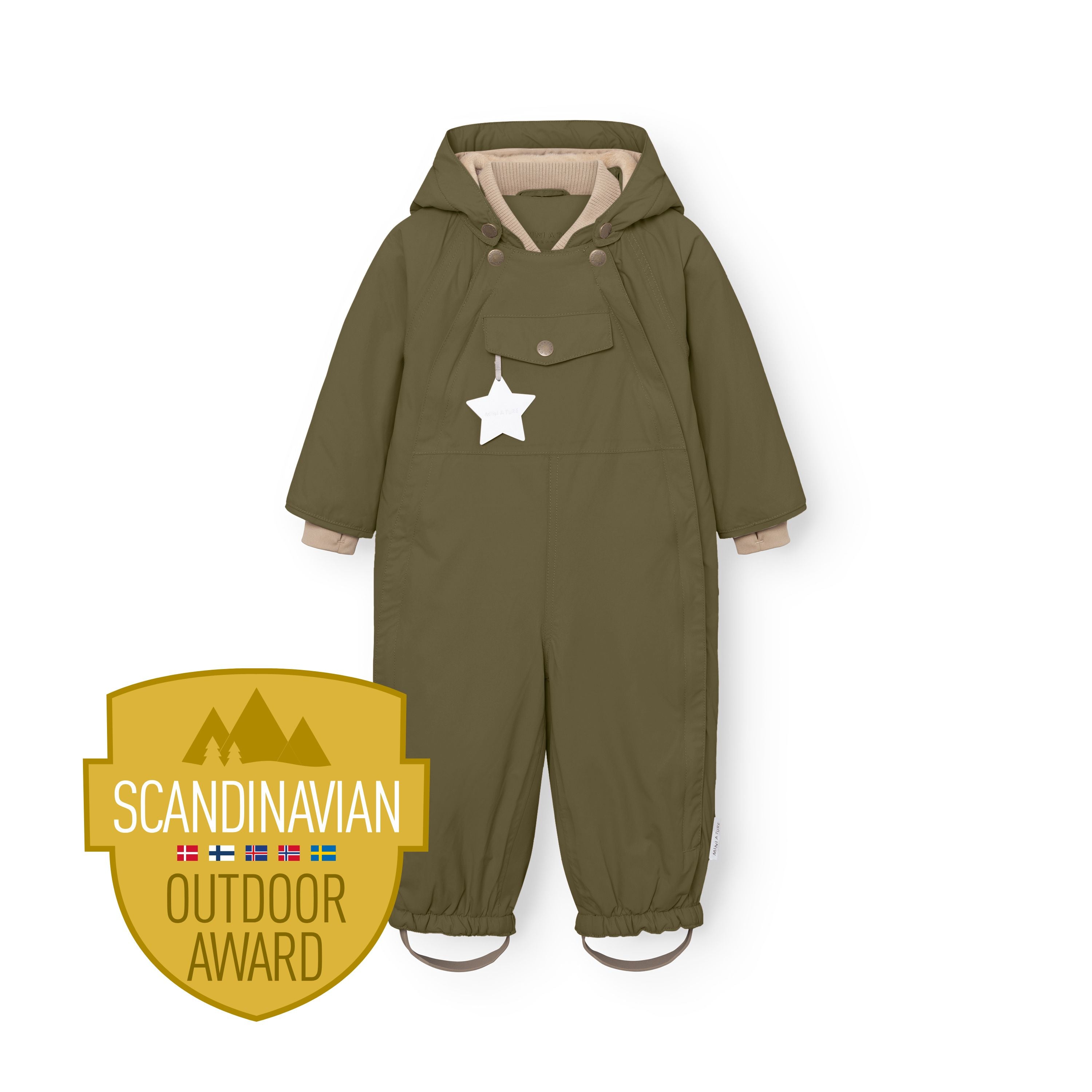 MATWISTI fleece lined snowsuit in olive green displayed flat against a white background, showing the detachable hood with snap buttons, front chest pocket with white reflective star, beige ribbed cuffs at the wrists, elasticated leg openings with adjustable foot straps, and the Scandinavian Outdoor Award badge at the lower left.