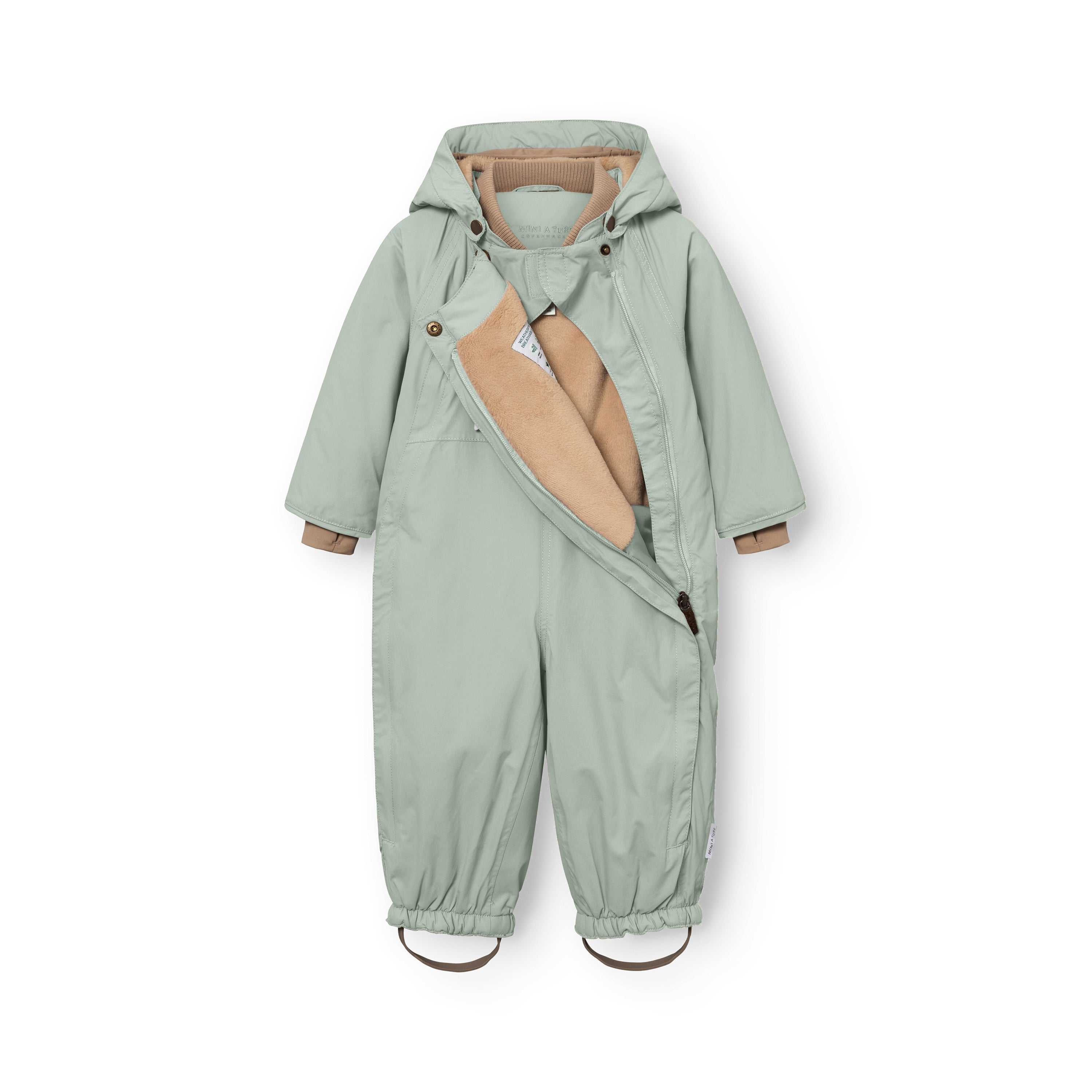 MATWISTI fleece lined snowsuit in sage green with one of the two hidden slanted front zips partially open, revealing the soft fleece lining and ribbed cuffs, displayed flat with adjustable foot straps visible.