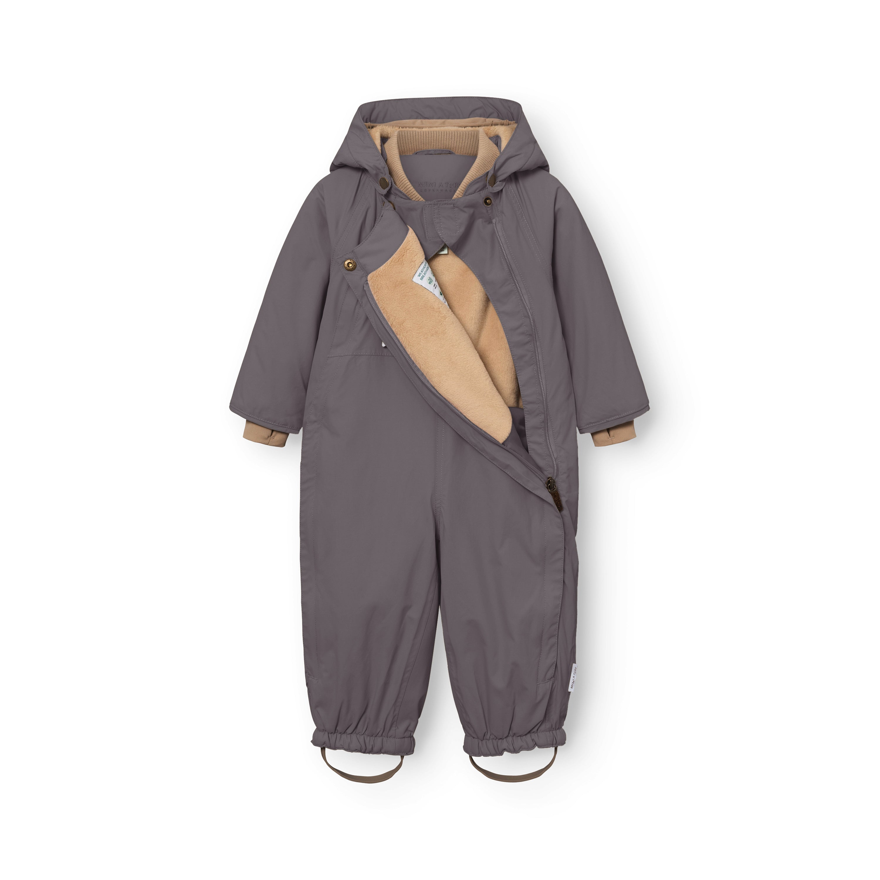 MATWISTI fleece lined snowsuit in charcoal grey with the left slanted front zip fully open to reveal the beige fleece lining and MINI A TURE care label inside, showing the detachable hood, beige ribbed cuffs and adjustable foot straps with buckles.