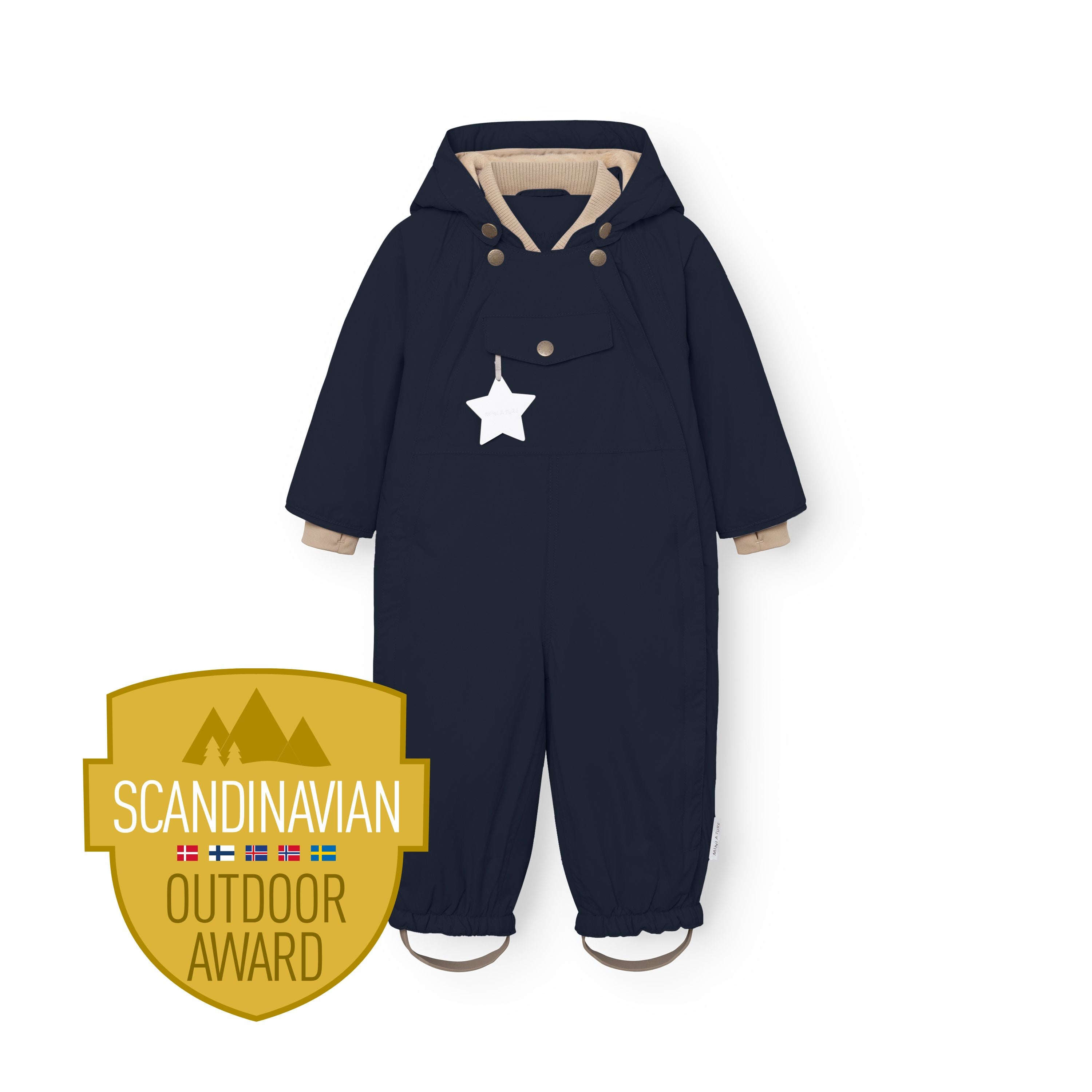 MATWISTI fleece lined snowsuit in navy blue displayed flat against a white background, showing the detachable hood with snap buttons, front chest pocket with white reflective star, beige ribbed cuffs at the wrists, elasticated leg openings with adjustable foot straps, and the Scandinavian Outdoor Award badge at the lower left.
