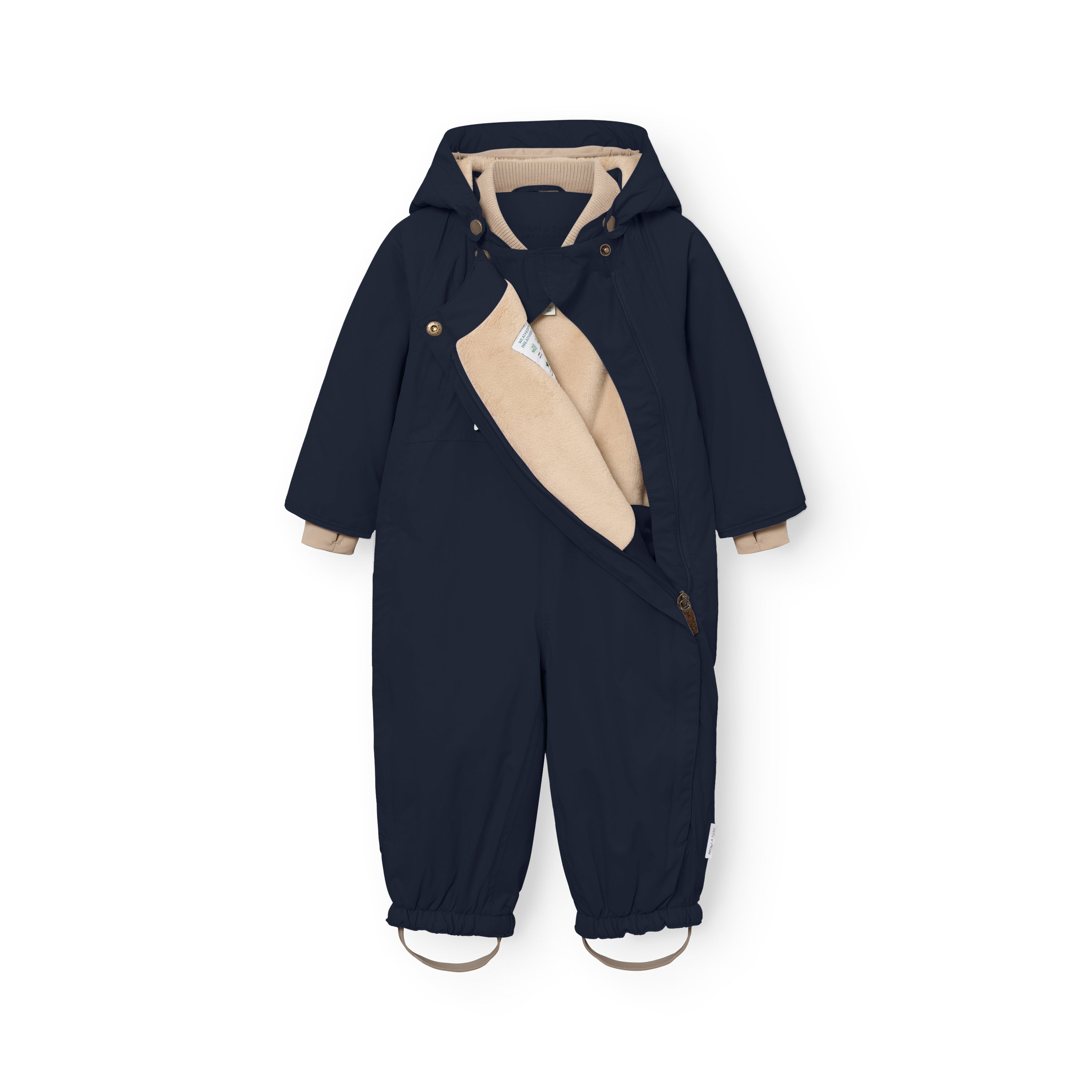 MATWISTI fleece lined snowsuit in navy blue with the left slanted front zip partially open to reveal the beige fleece lining and internal care label, showing the detachable hood with snap buttons, beige ribbed cuffs and elasticated leg openings with adjustable foot straps.