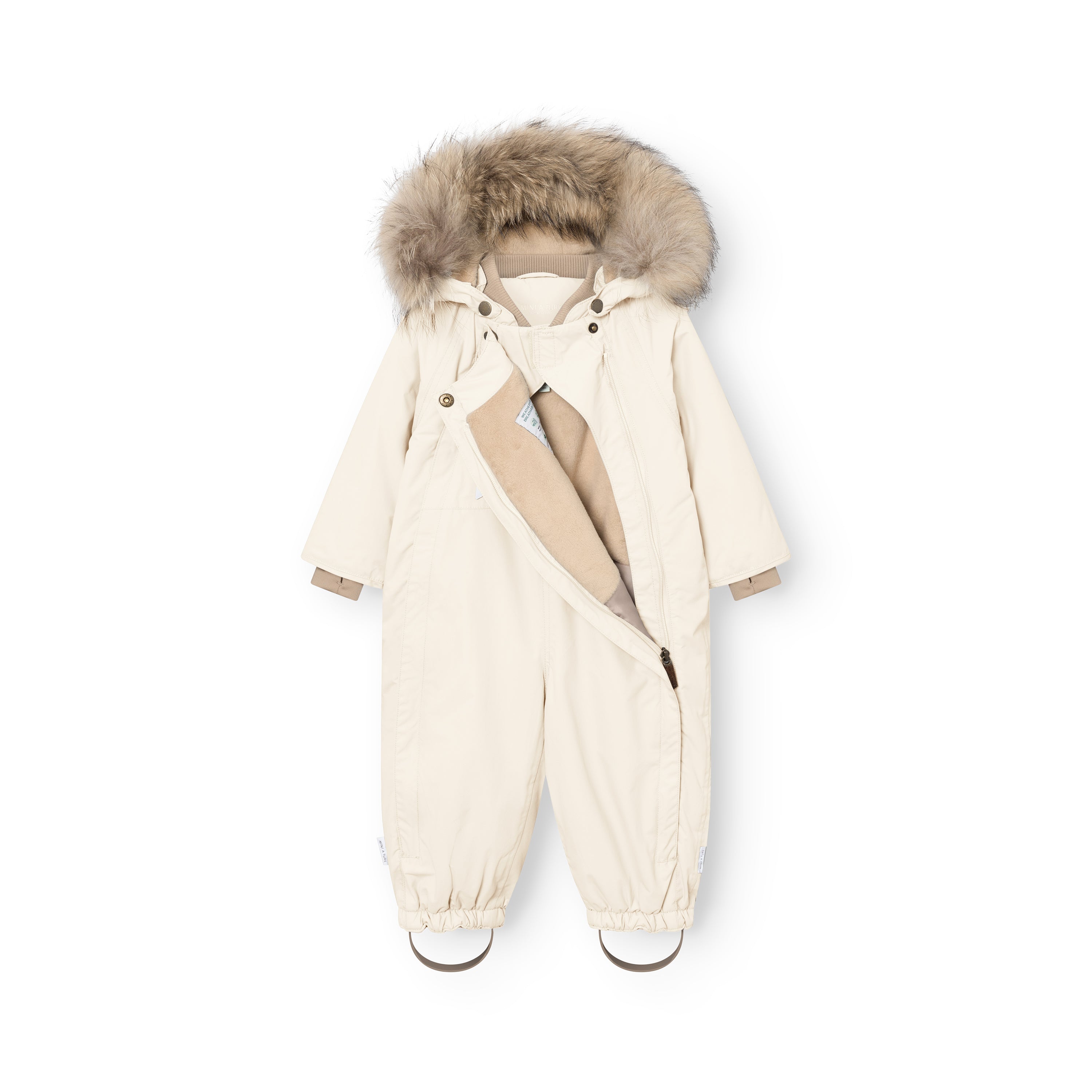 MATWISTI fleece lined snowsuit fur in cream with one of the two hidden slanted front zips partially open, showing the beige fleece lining and internal adjustable waist, genuine fur-trimmed hood, taupe ribbed collar and cuffs, and elasticated ankle openings with adjustable foot straps.