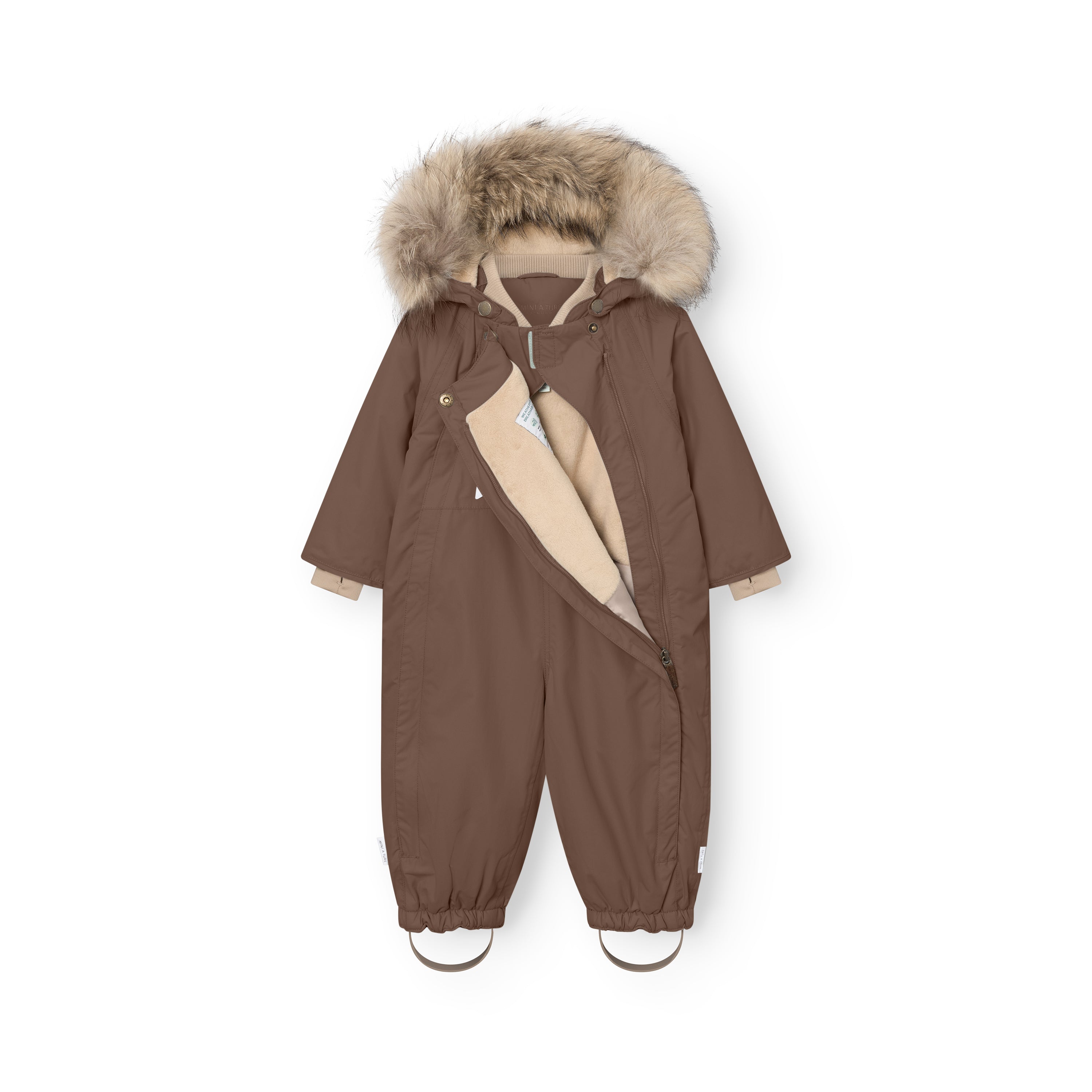 MATWISTI fleece lined snowsuit fur in brown with one of the two hidden slanted front zips partially open, revealing the beige fleece lining and internal adjustable waist, genuine fur-trimmed detachable hood, beige ribbed collar and cuffs, and elasticated ankle openings with adjustable foot straps.