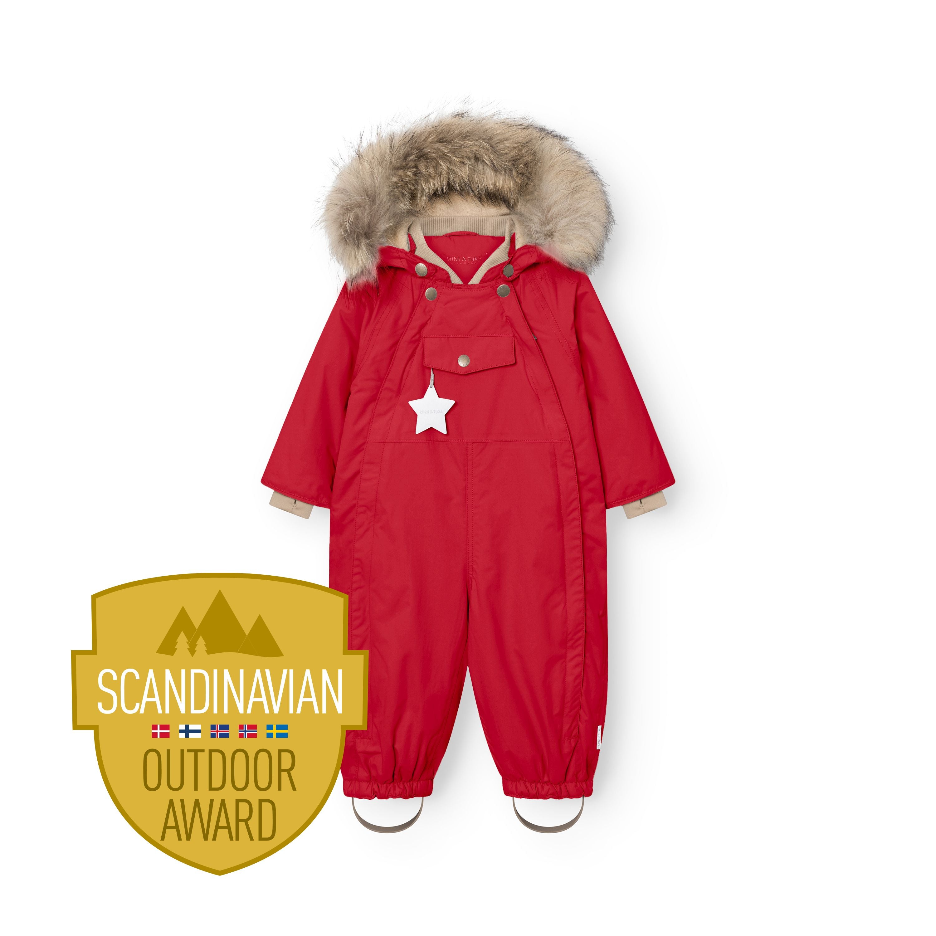 MATWISTI fleece lined snowsuit fur in bright red with genuine fur-trimmed detachable hood, beige ribbed collar, white reflective star on the front pocket, elasticated ankle cuffs with adjustable foot straps, and Scandinavian Outdoor Award badge.
