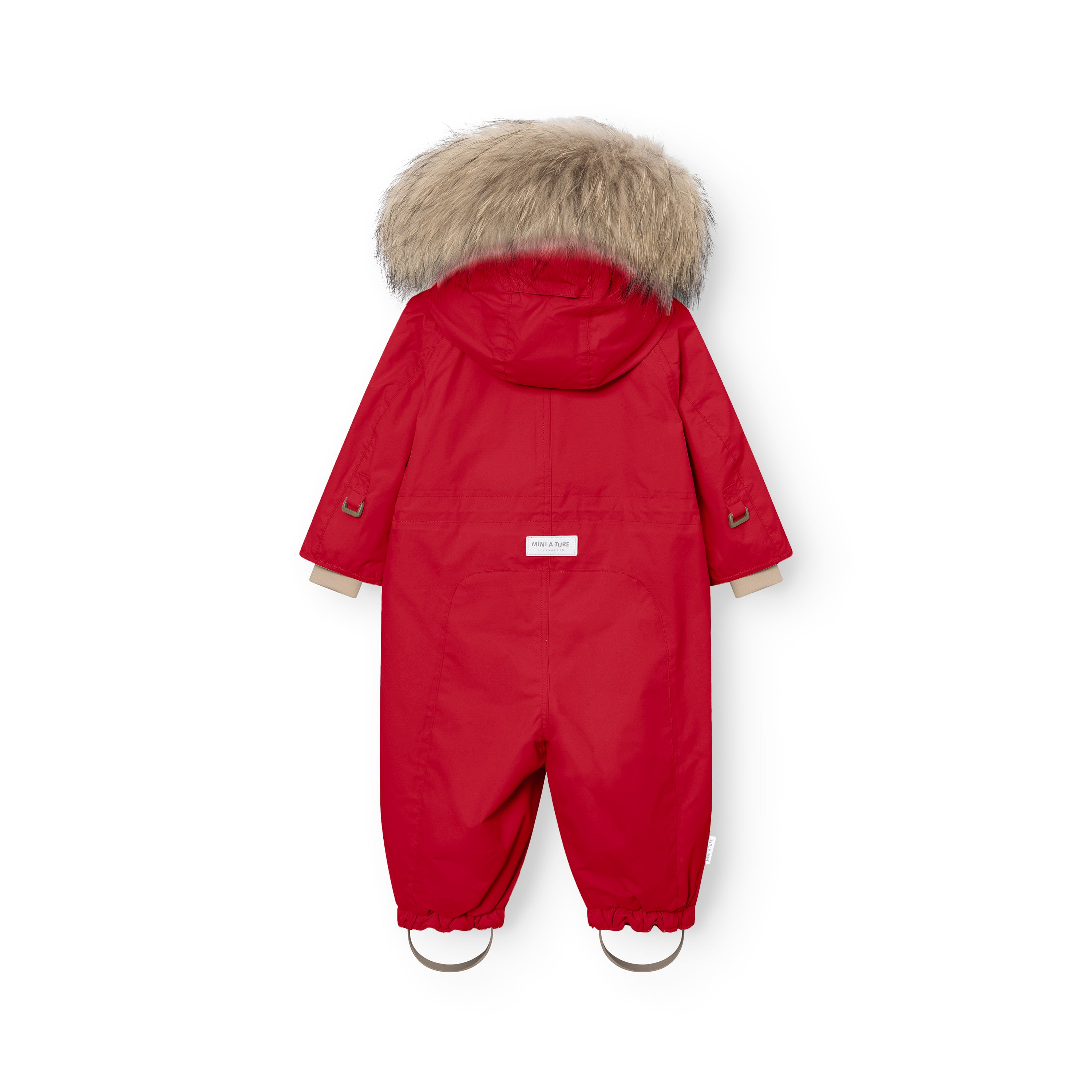 Rear view of MATWISTI fleece lined snowsuit fur in bright red with genuine fur-trimmed hood, MINI A TURE label at the lower back, elasticated ankle cuffs with adjustable foot straps, and reflective details on the sleeves.