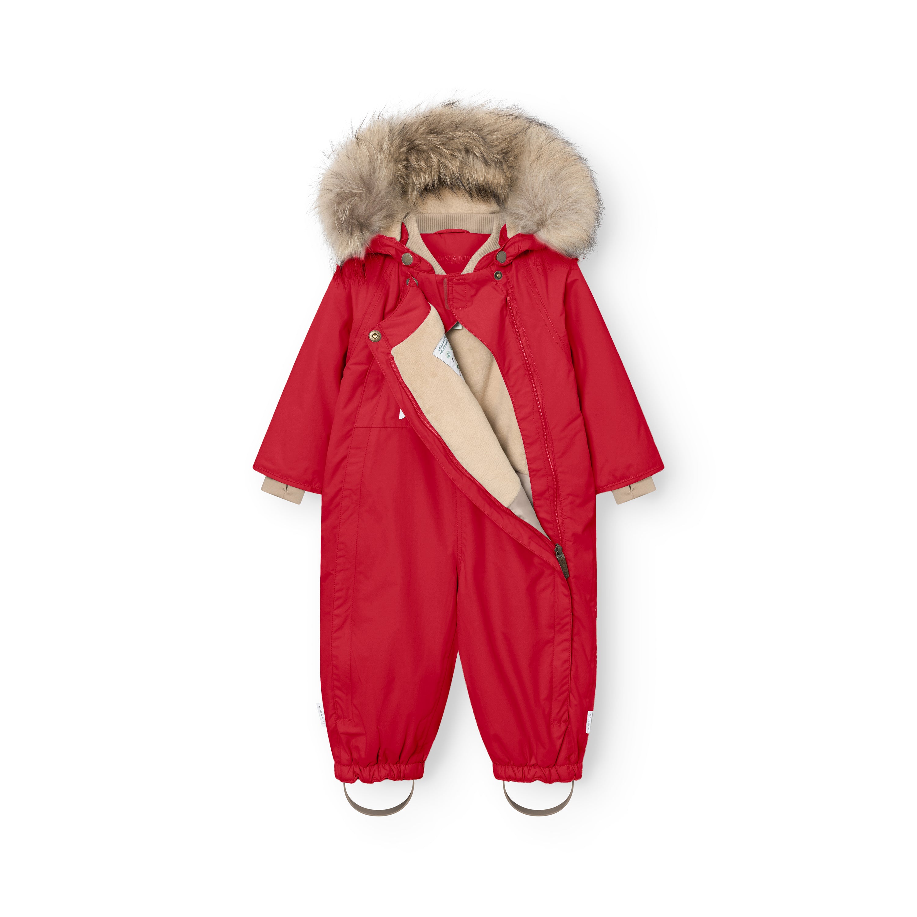 MATWISTI fleece lined snowsuit fur in bright red with one of the two hidden slanted front zips fully open, revealing the beige fleece lining, genuine fur-trimmed hood, and elasticated ankle cuffs with adjustable foot straps.