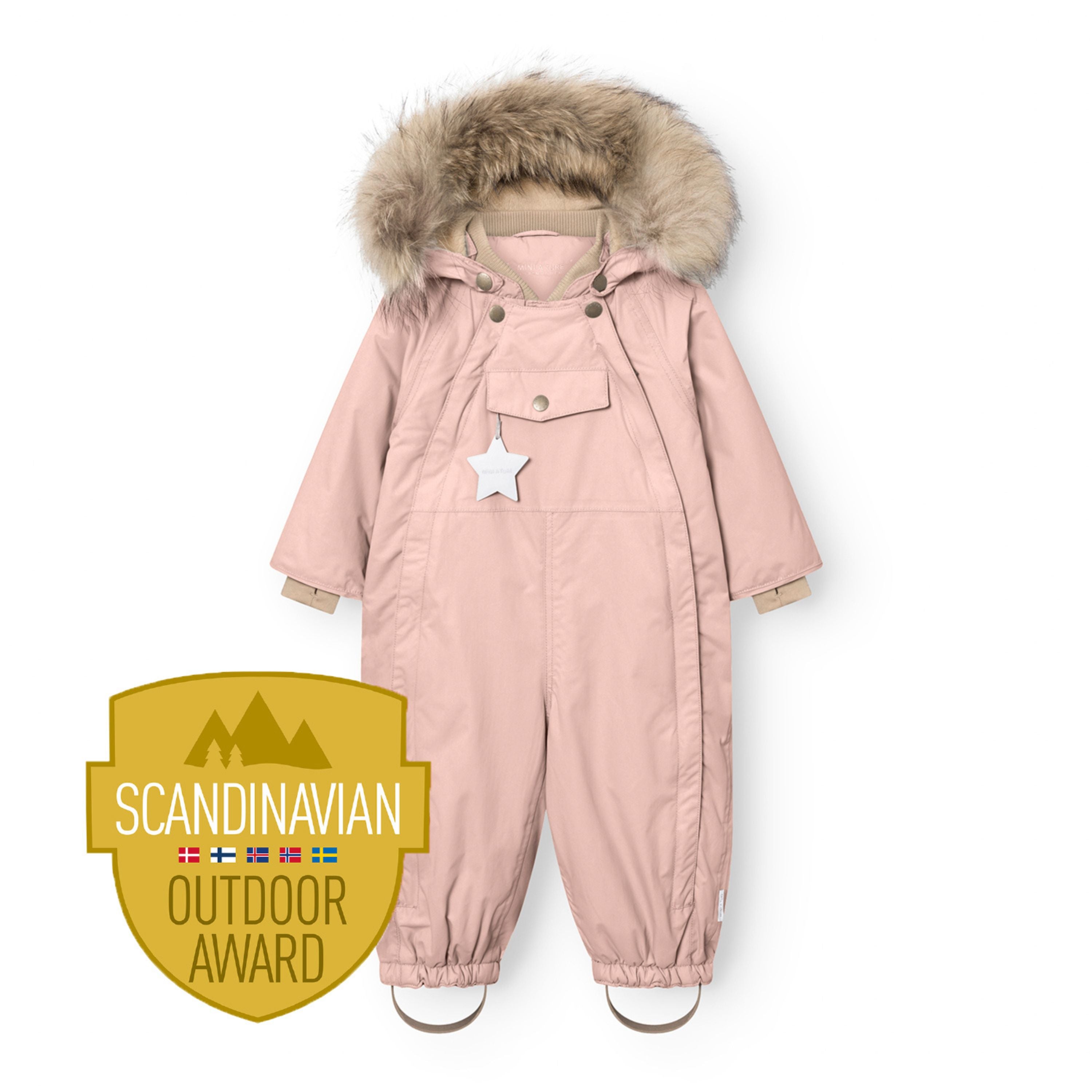 MATWISTI fleece lined snowsuit fur in soft pink with genuine fur-trimmed detachable hood, taupe ribbed collar and cuffs, press-stud chest fastenings, front pocket with white reflective star, elasticated ankle cuffs with adjustable foot straps, and Scandinavian Outdoor Award badge.