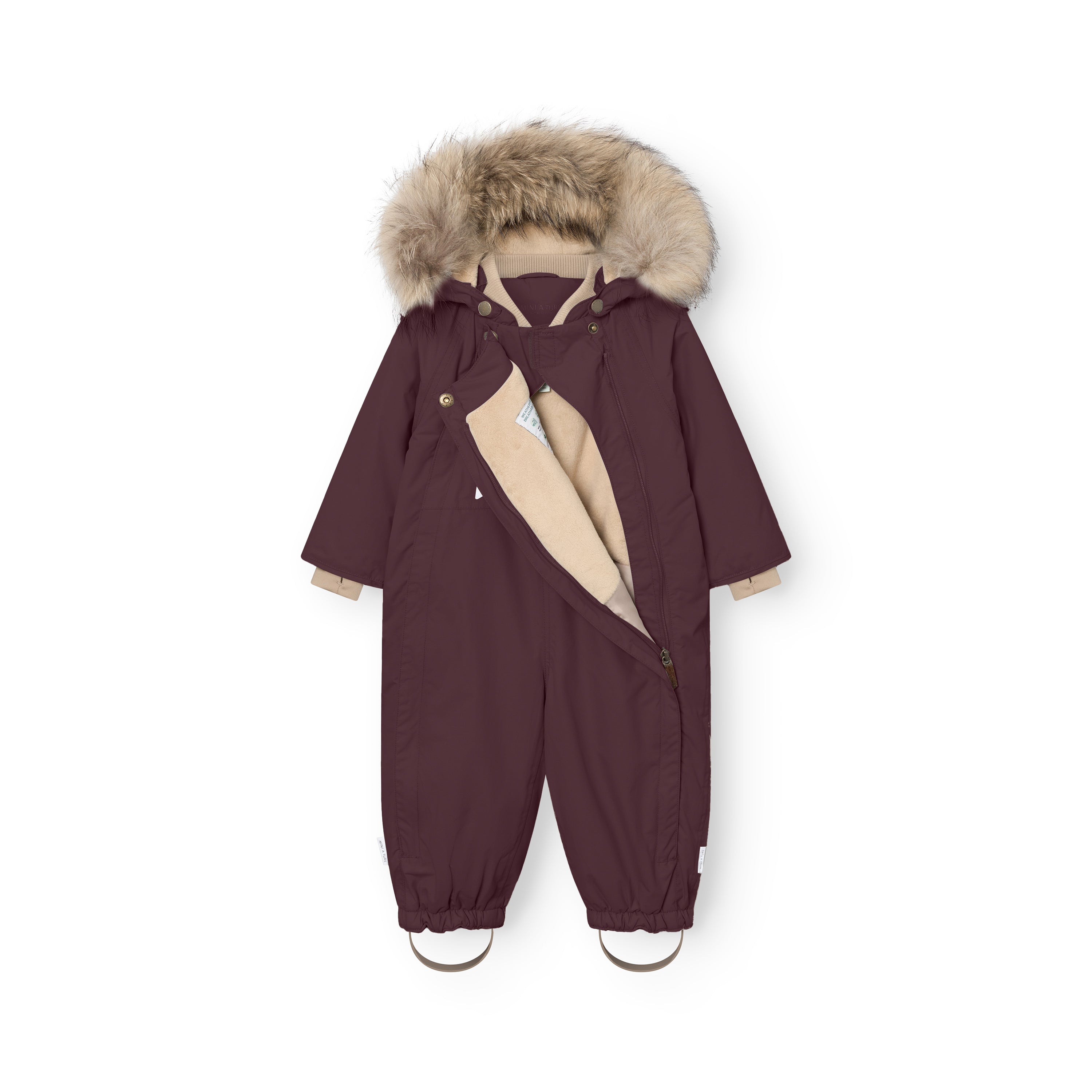 MATWISTI fleece lined snowsuit fur in deep burgundy with one of the two hidden slanted front zips fully open, revealing the taupe fleece lining, genuine fur-trimmed hood, and elasticated ankle cuffs with adjustable foot straps.