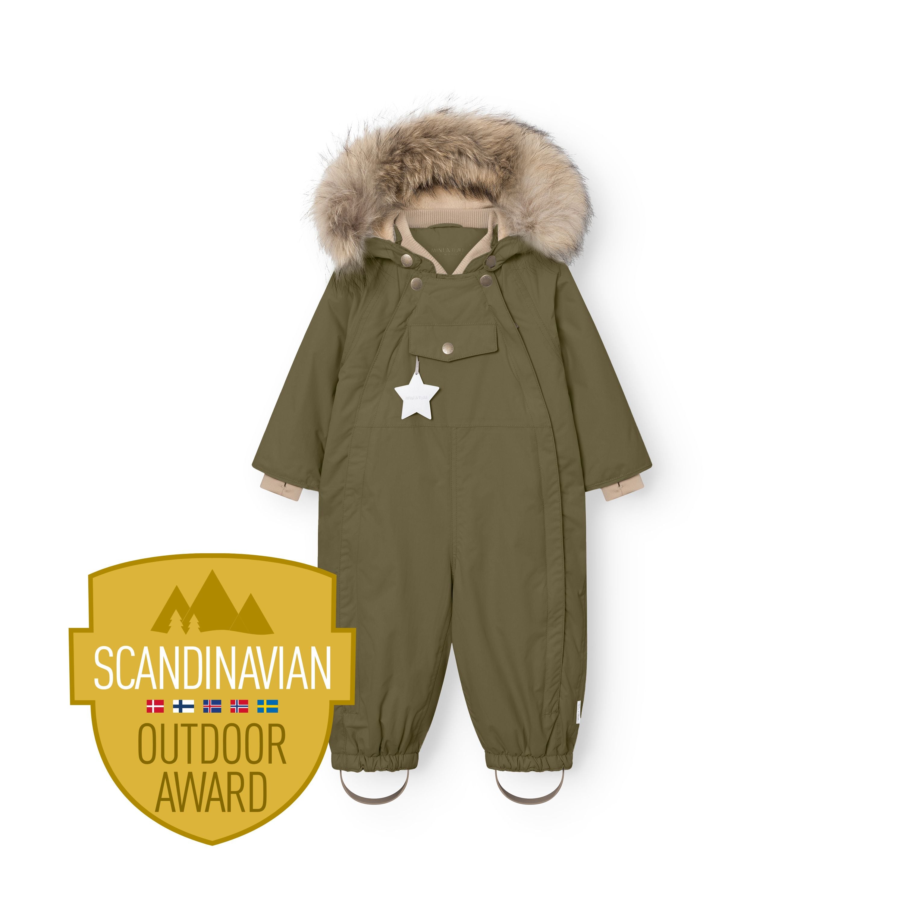 MATWISTI fleece lined snowsuit fur in olive green with genuine fur-trimmed detachable hood, ribbed taupe collar, white reflective star on the front pocket, elasticated ankle cuffs with adjustable foot straps, and Scandinavian Outdoor Award badge.