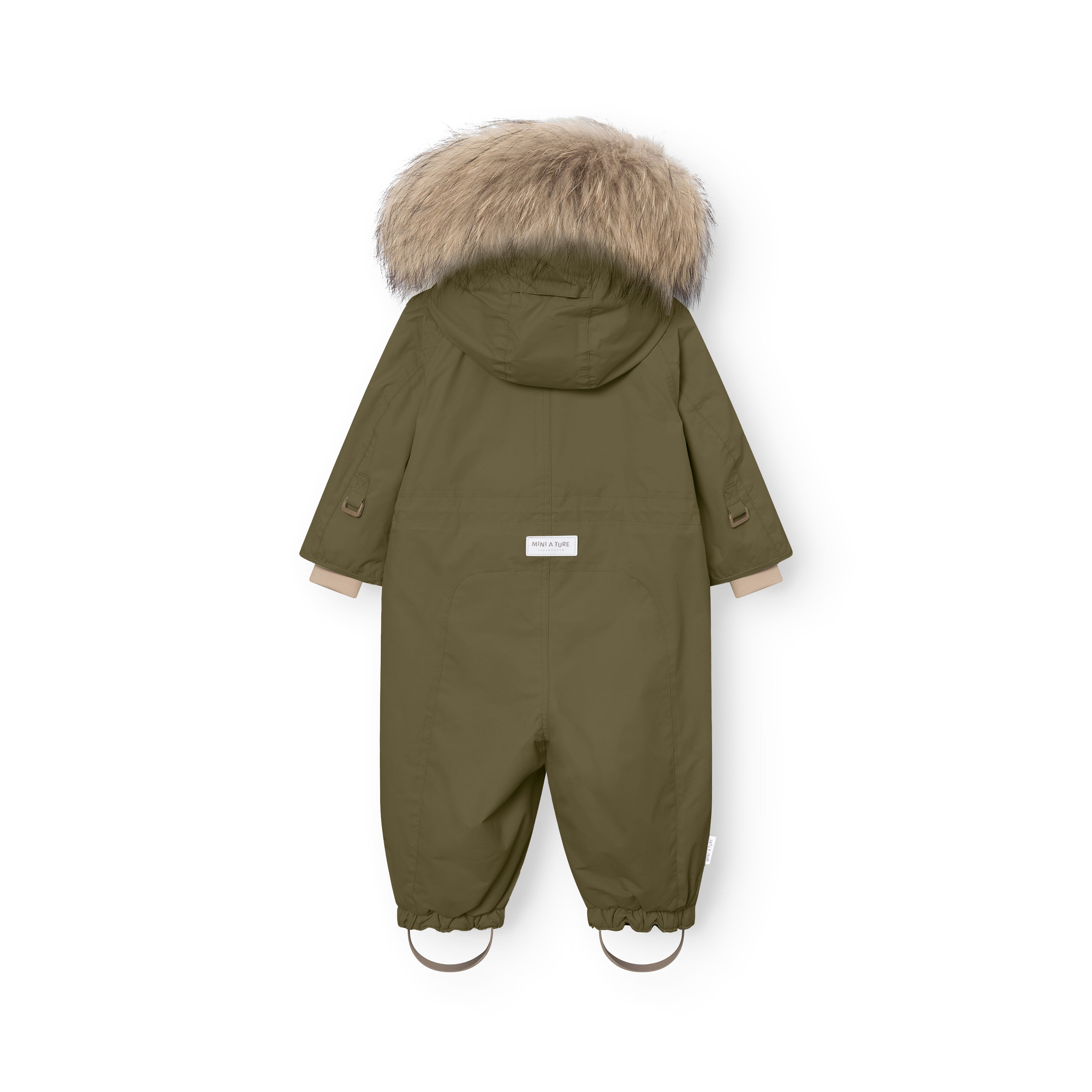 Rear view of MATWISTI fleece lined snowsuit fur in olive green with genuine fur-trimmed hood, MINI A TURE label at the lower back, elasticated ankle cuffs with adjustable foot straps, and reflective details on the sleeves.