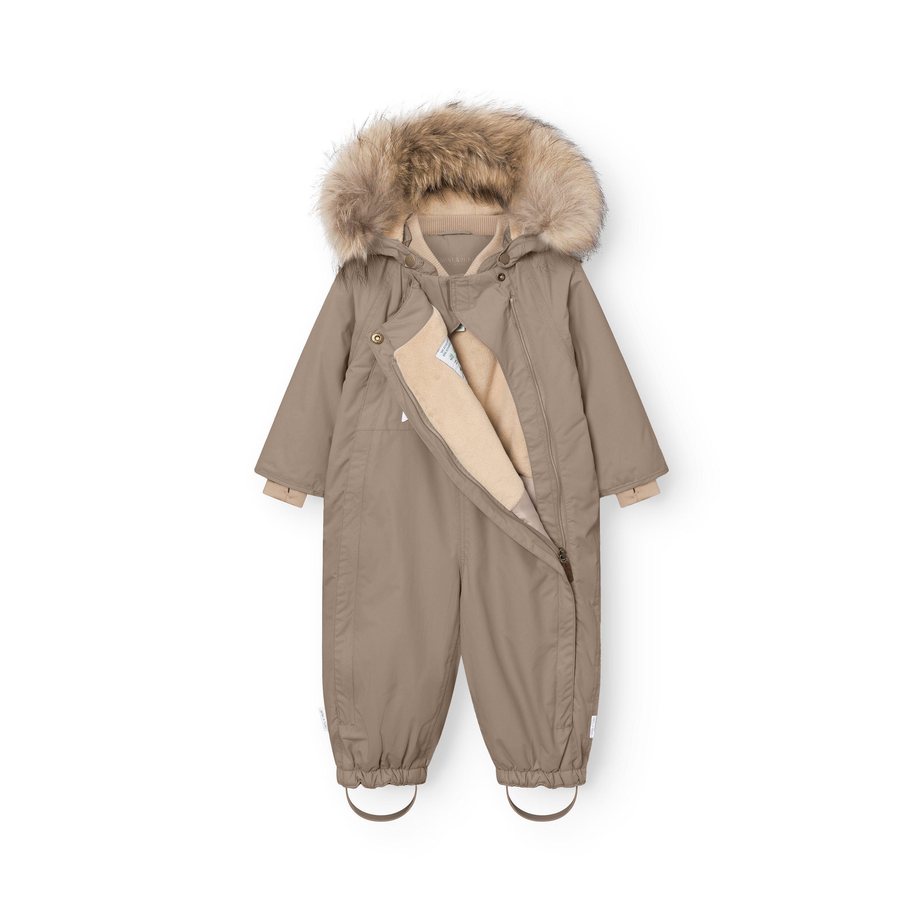 MATWISTI fleece lined snowsuit fur laid flat showing the two hidden slanted front zips partially open, revealing the soft fleece lining and internal construction, with genuine fur-trimmed hood and elasticated ankle cuffs with foot straps.