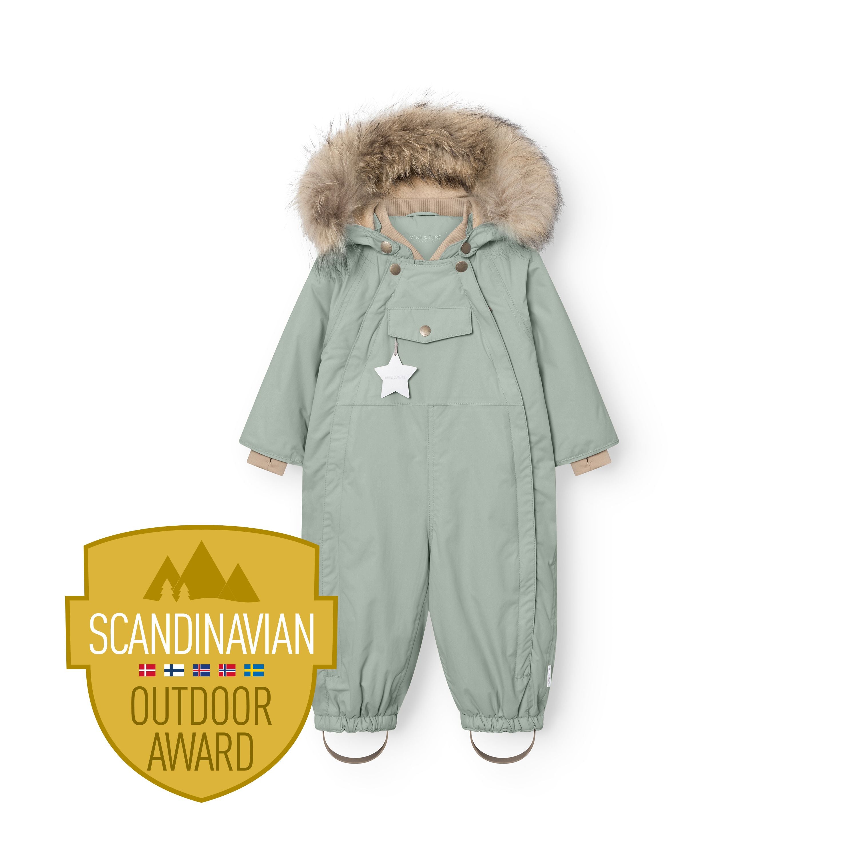 MATWISTI fleece lined snowsuit fur in sage green with genuine fur-trimmed detachable hood, taupe ribbed collar and cuffs, press-stud chest fastenings, front pocket with white reflective star, elasticated ankle cuffs with adjustable foot straps, and Scandinavian Outdoor Award badge.