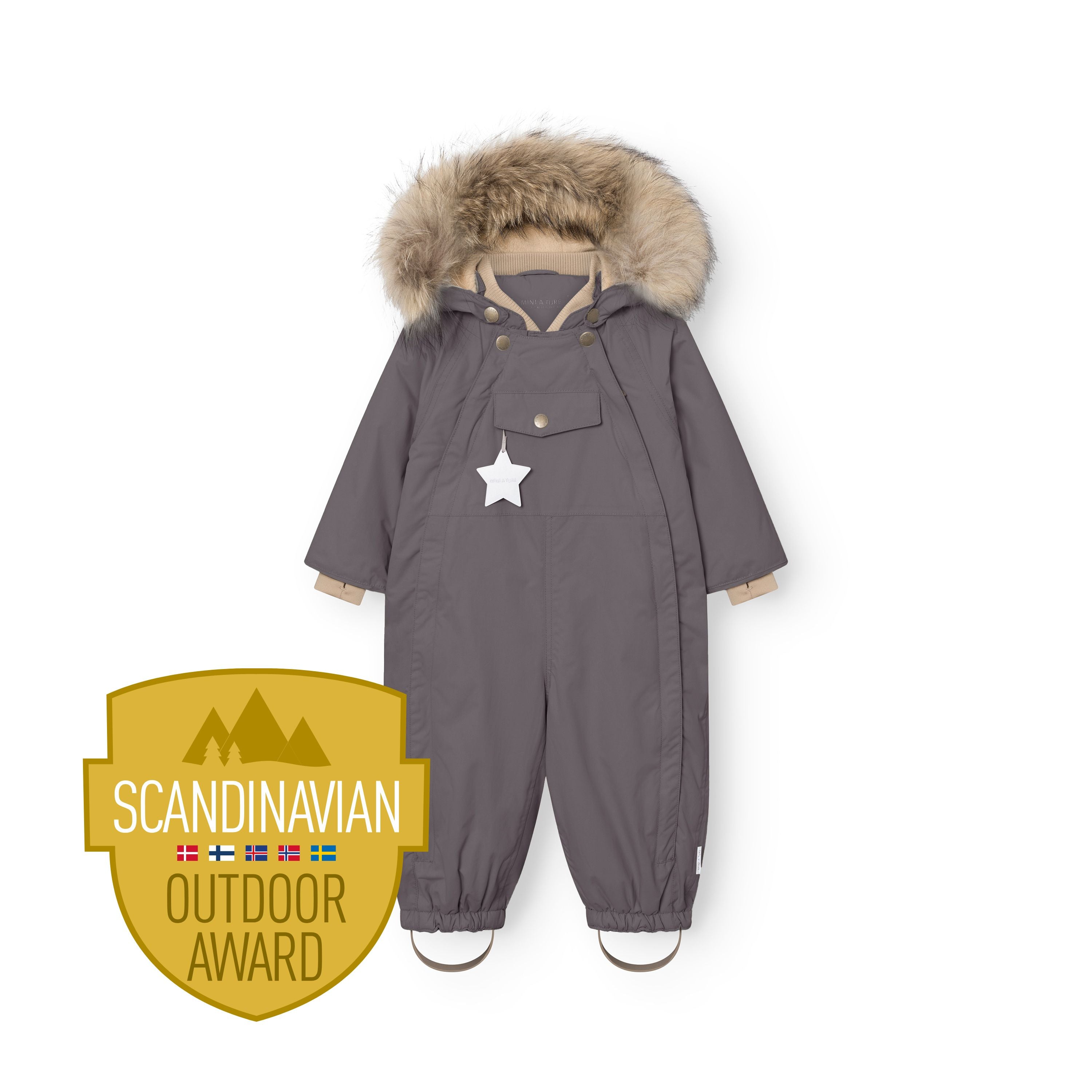 MATWISTI fleece lined snowsuit fur in grey with genuine fur-trimmed detachable hood, beige ribbed collar and cuffs, white reflective star on the front pocket, elasticated ankle cuffs with adjustable foot straps, and Scandinavian Outdoor Award badge.