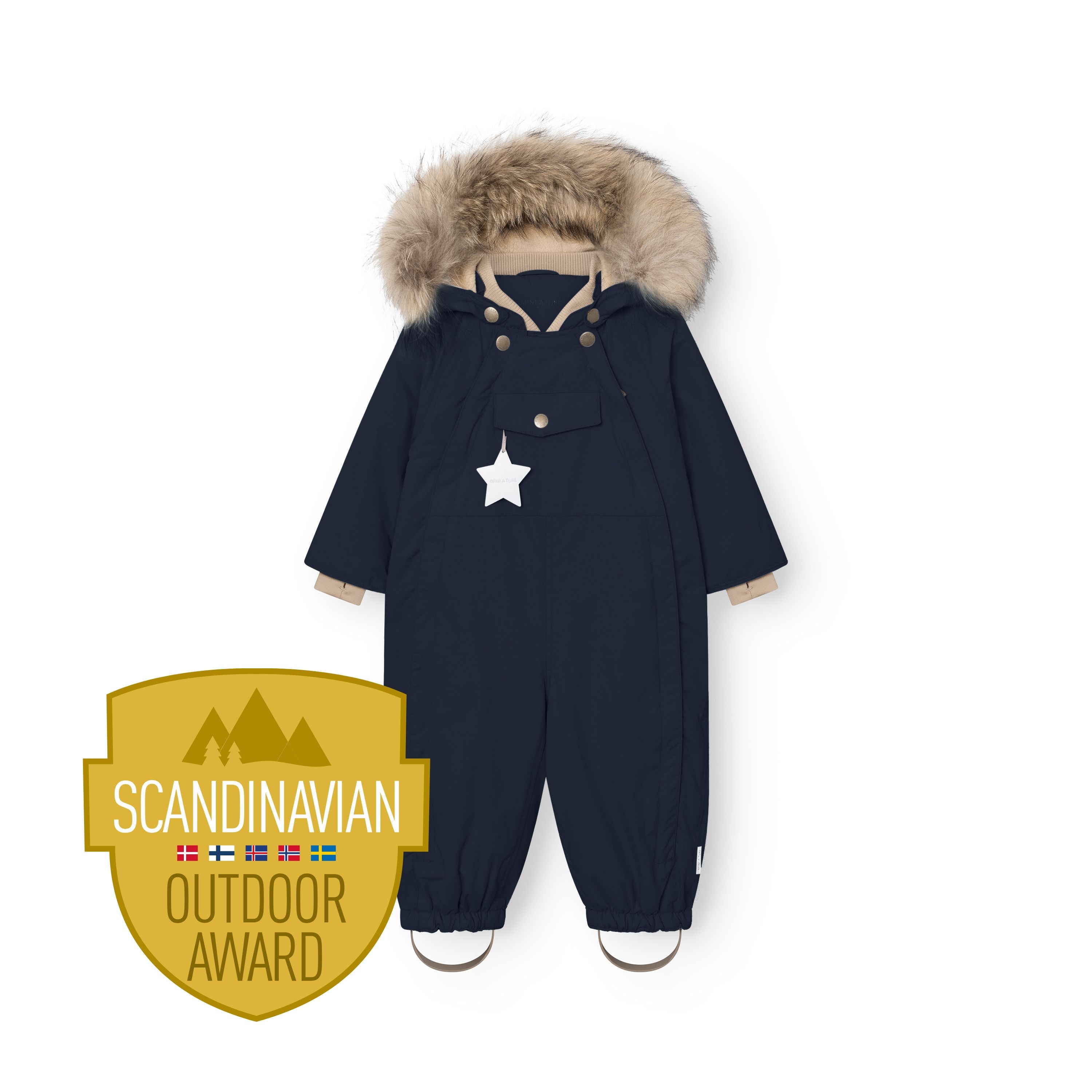 MATWISTI fleece lined snowsuit fur in navy blue with genuine fur-trimmed detachable hood, taupe ribbed collar and cuffs, press-stud chest fastenings, front pocket with white reflective star, elasticated ankle cuffs with adjustable foot straps, and Scandinavian Outdoor Award badge.