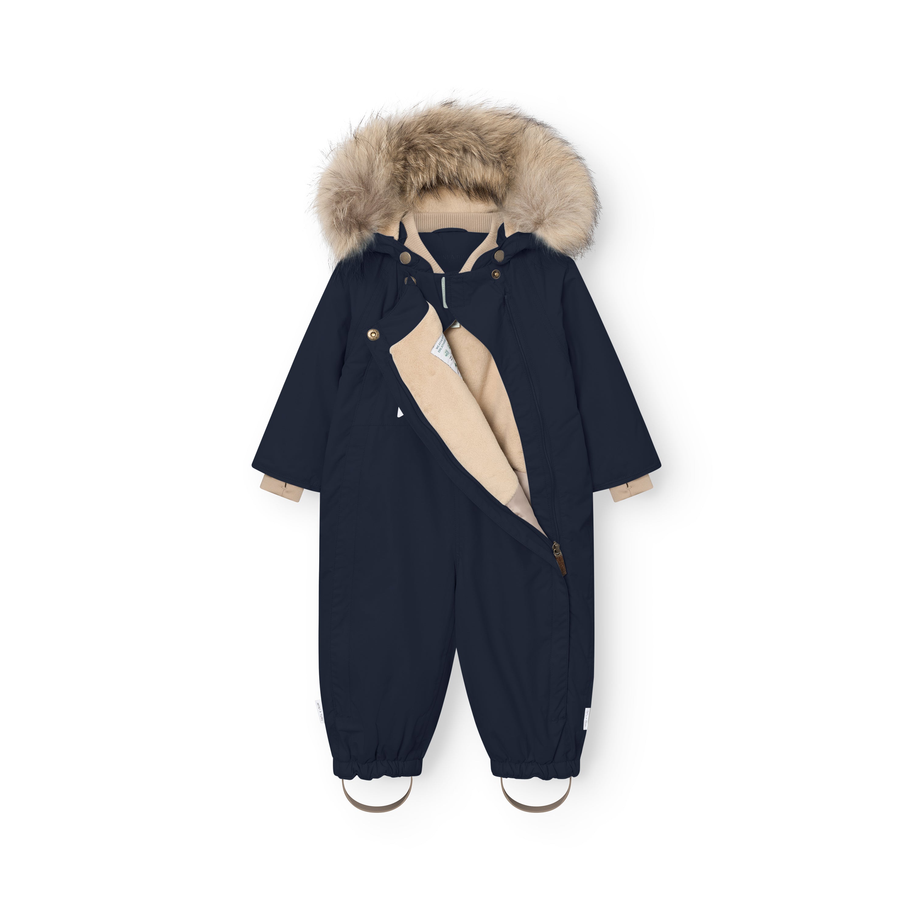 MATWISTI fleece lined snowsuit fur in navy blue with one of the two hidden slanted front zips partially open, exposing the beige fleece lining and internal adjustable waist, genuine fur-trimmed detachable hood, taupe ribbed collar and cuffs, and elasticated ankle openings with adjustable foot straps.